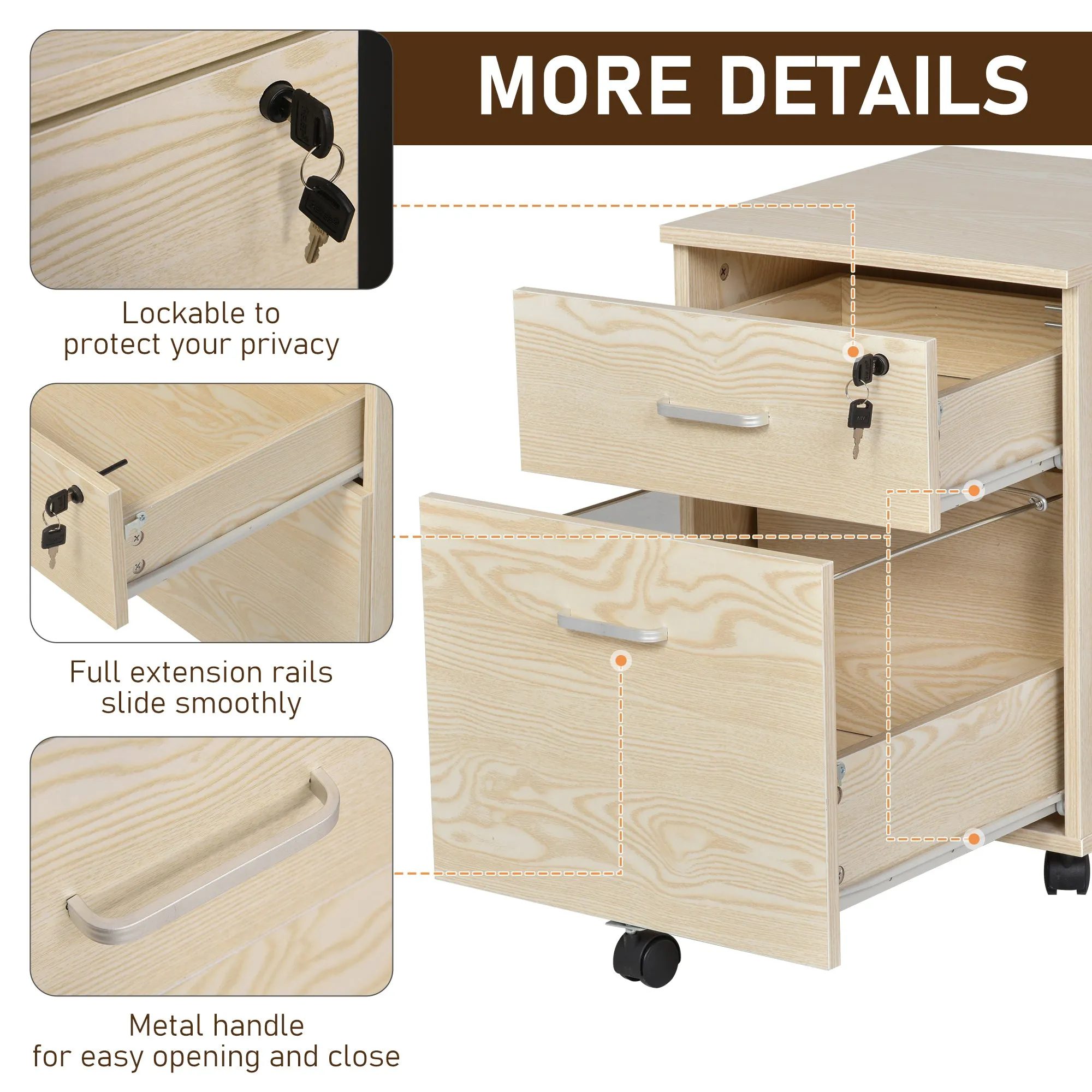 2-Drawer Locking Office Filing Cabinet w/ 5 Wheels Rolling Storage Hanging Legal Letter Files Cupboard Home Organisation Oak