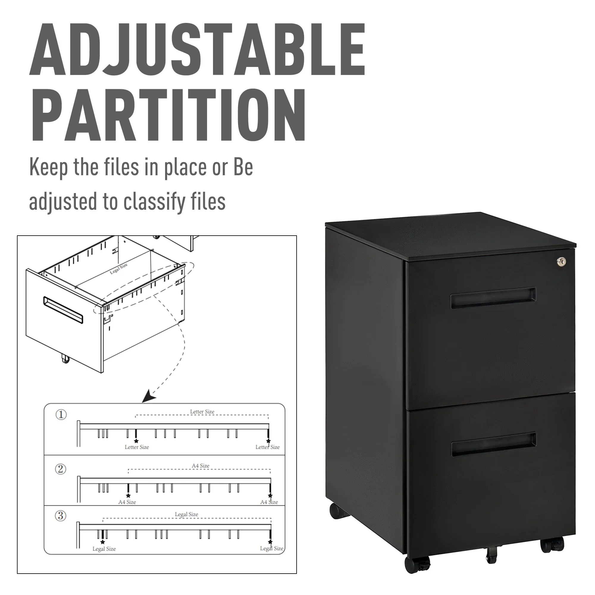 2-Drawer Mobile File Cabinet for A4 File, Mobile File Cabinet Vertical Organizer Filing Furniture with Adjustable Partition, Black