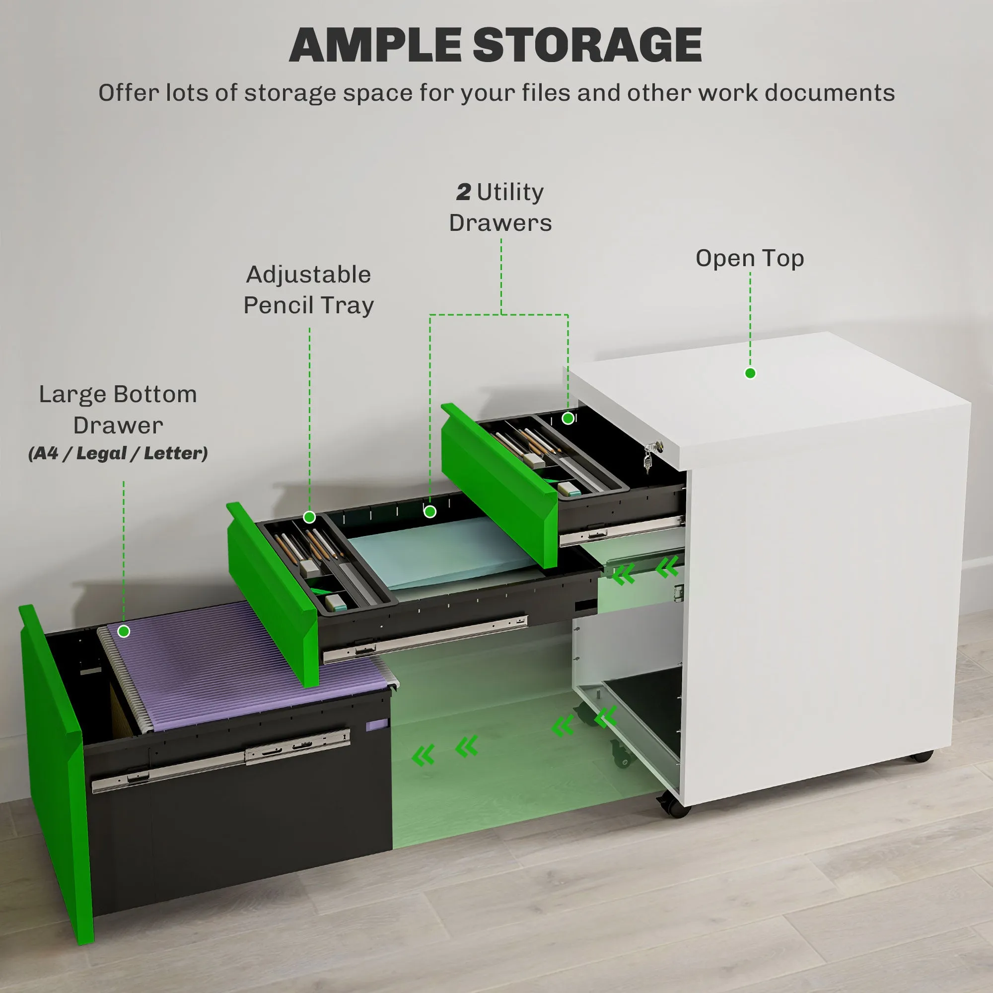 3 Drawer File Cabinet, Lockable Metal Filling Cabinet, Green