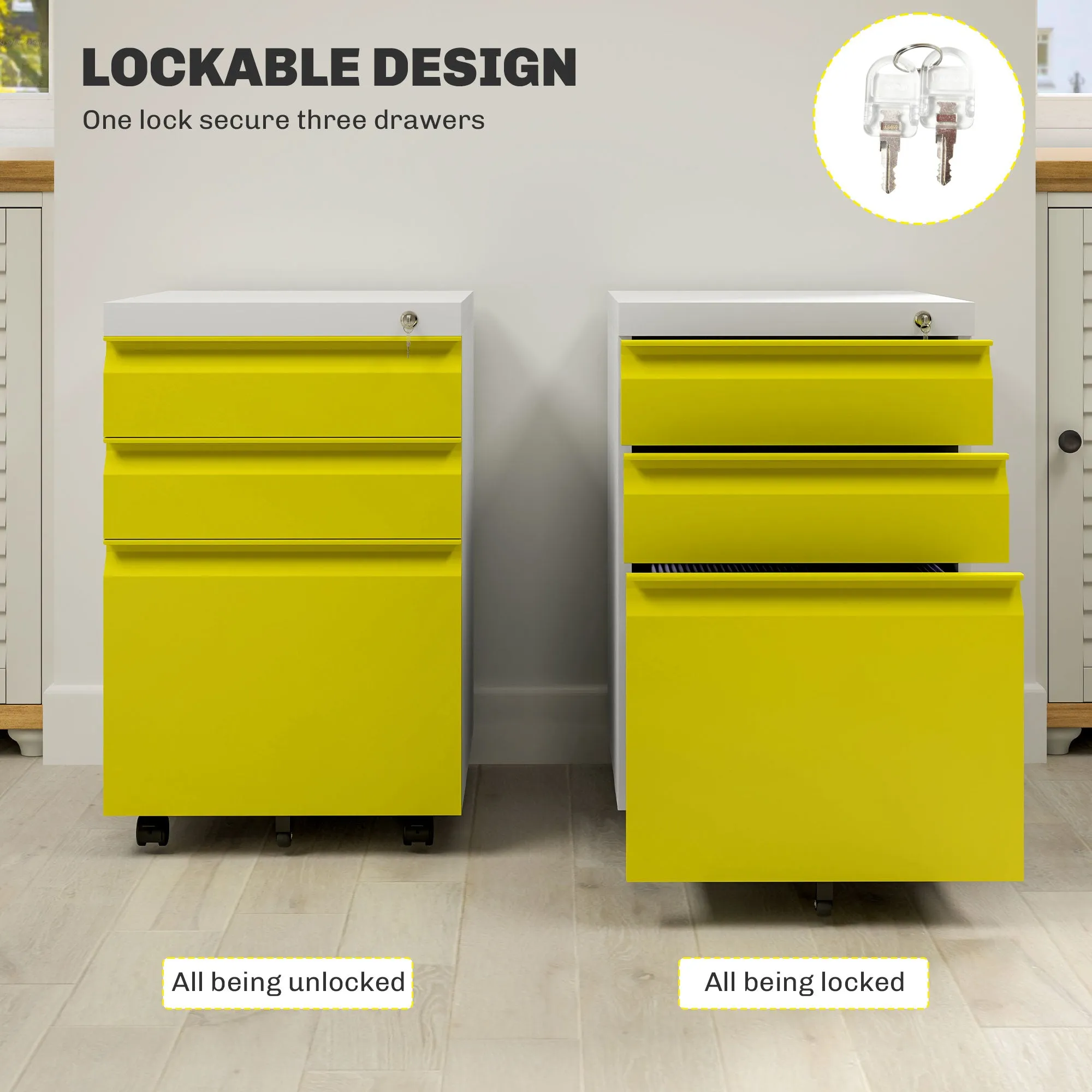 3 Drawer File Cabinet, Lockable Metal Filling Cabinet, Yellow