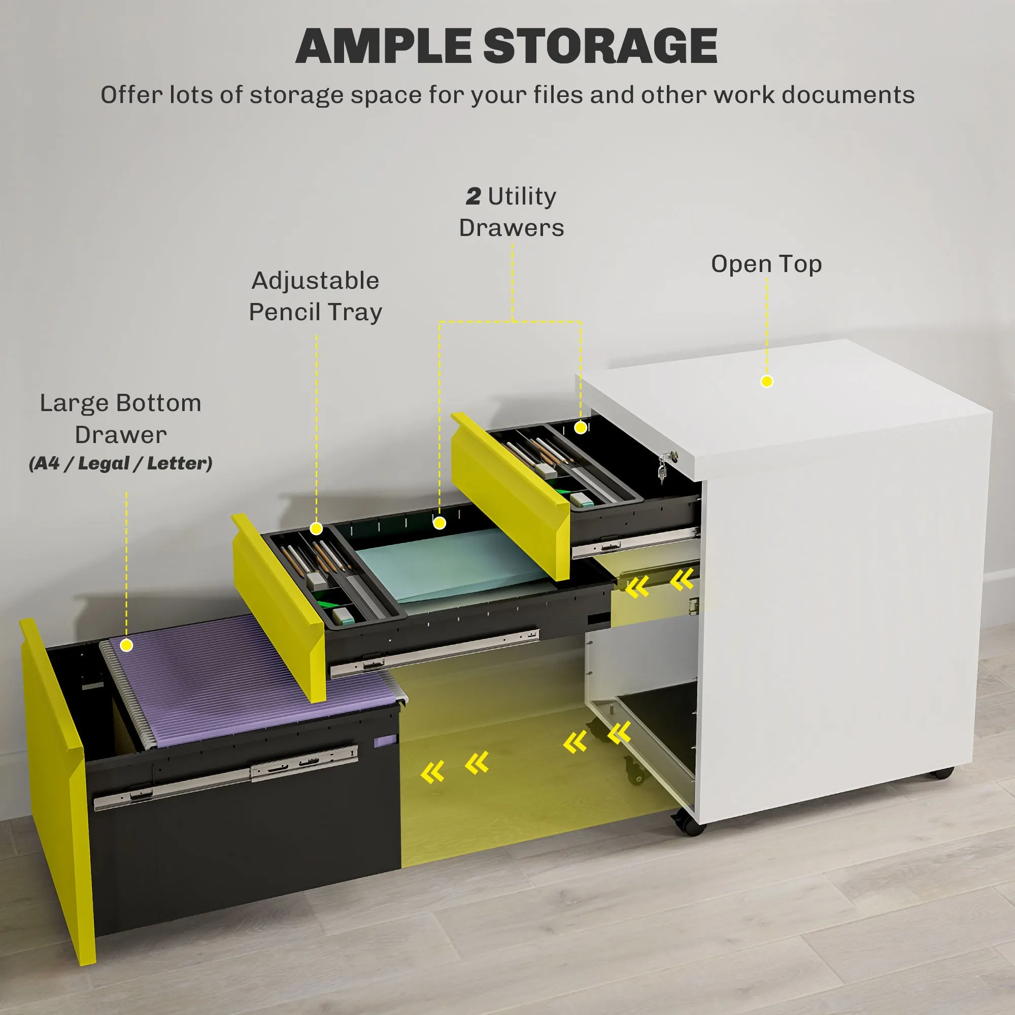 3 Drawer File Cabinet, Lockable Metal Filling Cabinet, Yellow