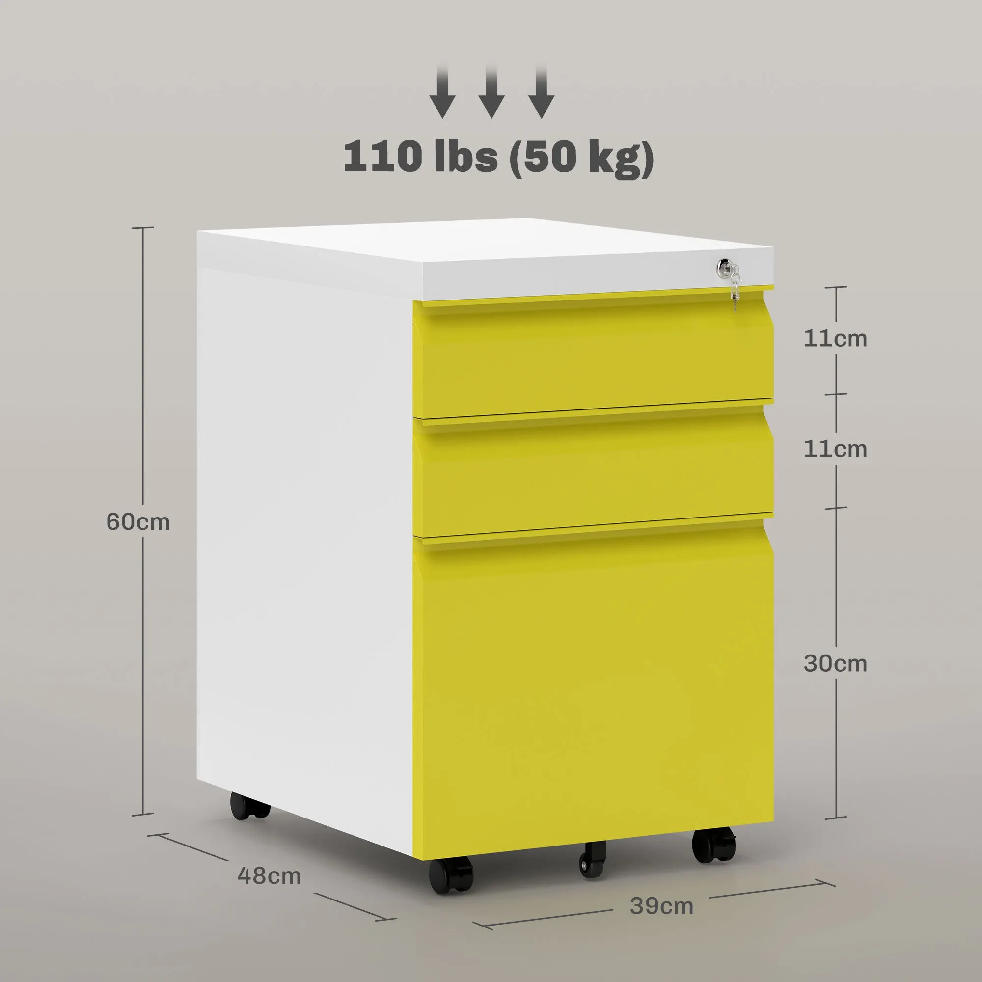 3 Drawer File Cabinet, Lockable Metal Filling Cabinet, Yellow