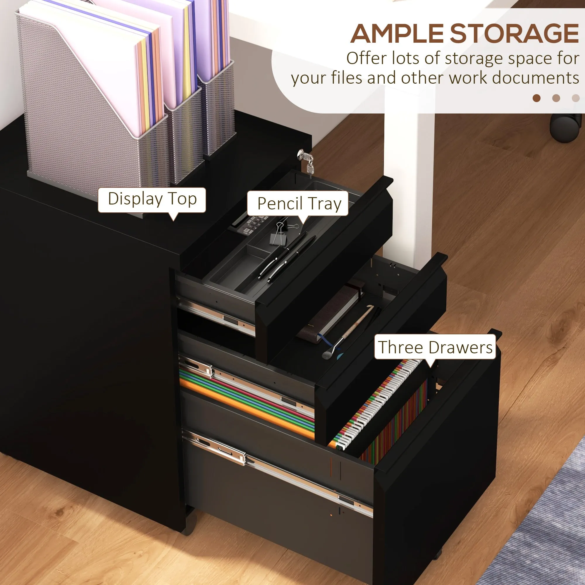 3-Drawer Mobile Filing Cabinet on Wheels w/ Pencil Tray, Steel Lockable File Cabinet w/ Adjustable Hanging Bar for A4, Legal Size, Black