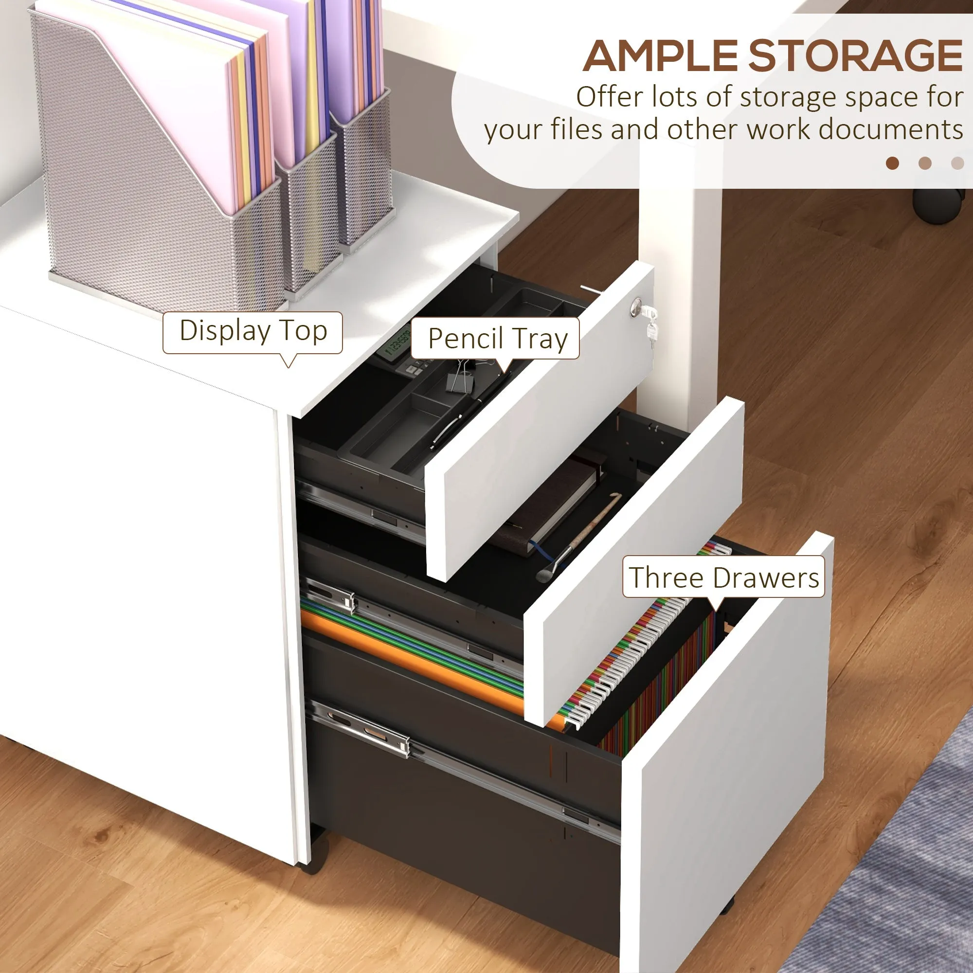 3-Drawer Vertical Filing Cabinet w/ Lock & Pencil Tray, Steel Mobile File Cabinet w/ Adjustable Hanging Bar for A4 & Letter Size, White