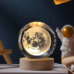 3D Crystal Moon Warm Led with Wood Base  (No Cash On Delivery Allowed On This Product) - Prepaid Orders Only