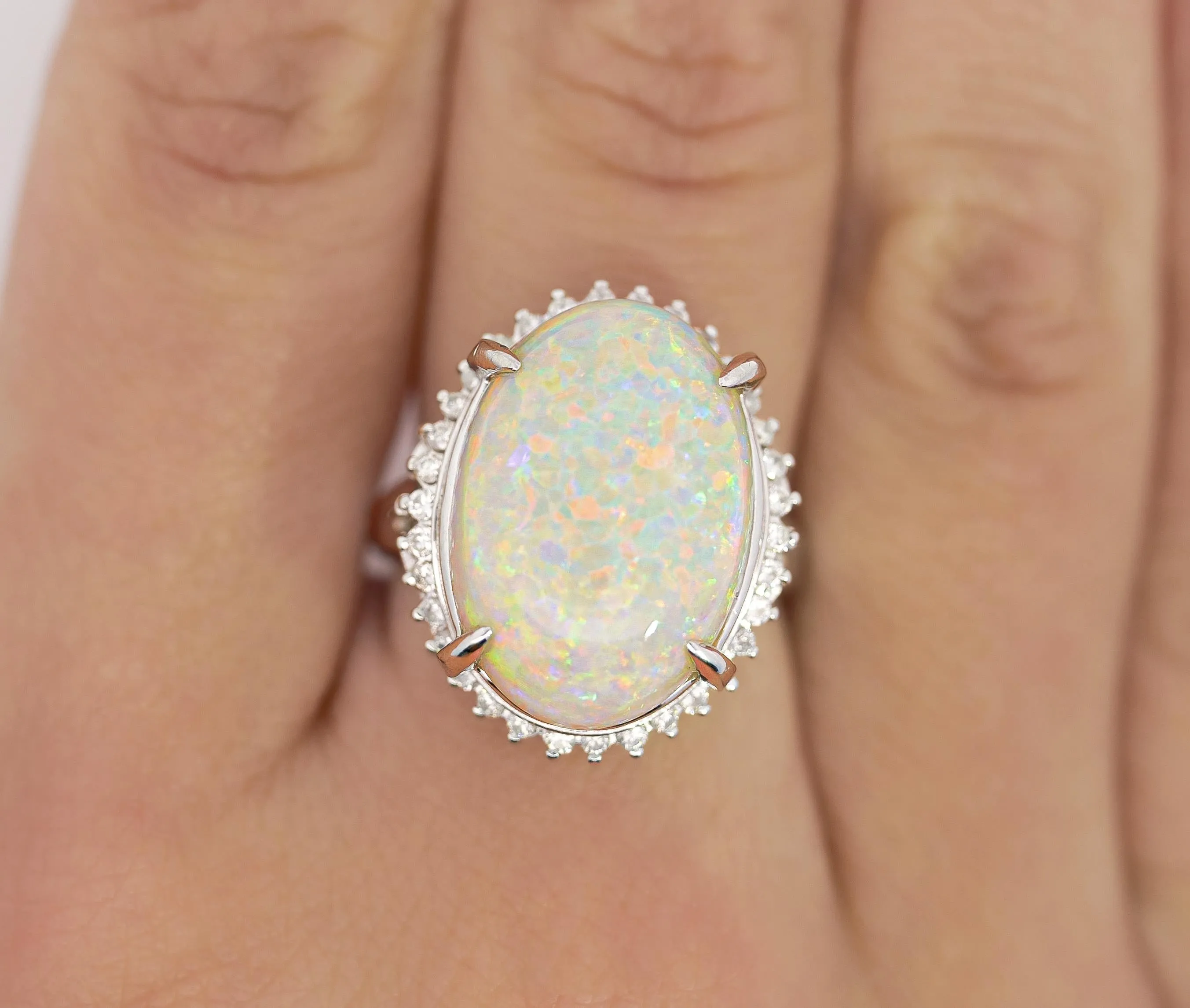 7.86 Carat Natural White Opal and Diamond Halo Platinum Ring