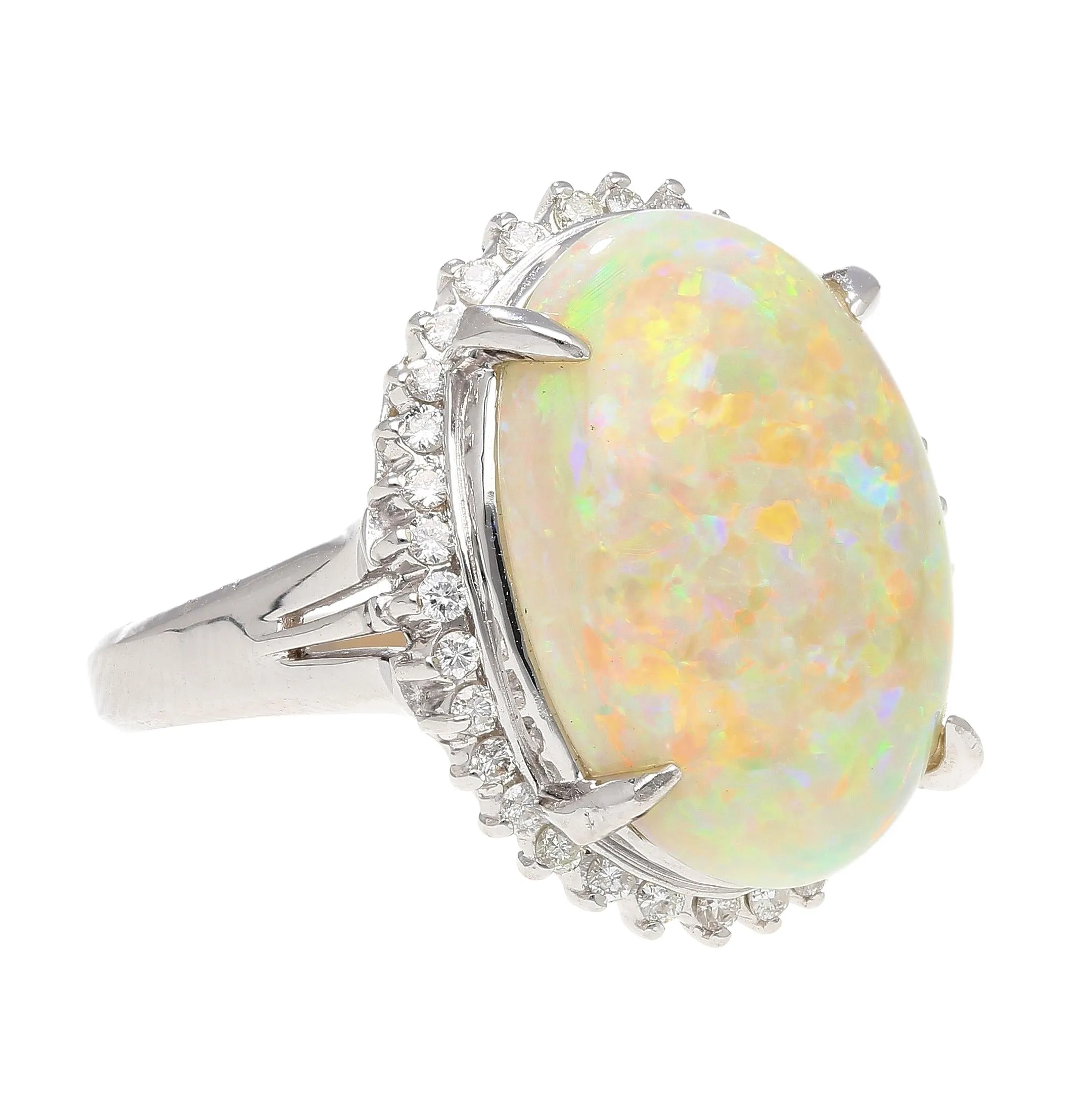 7.86 Carat Natural White Opal and Diamond Halo Platinum Ring