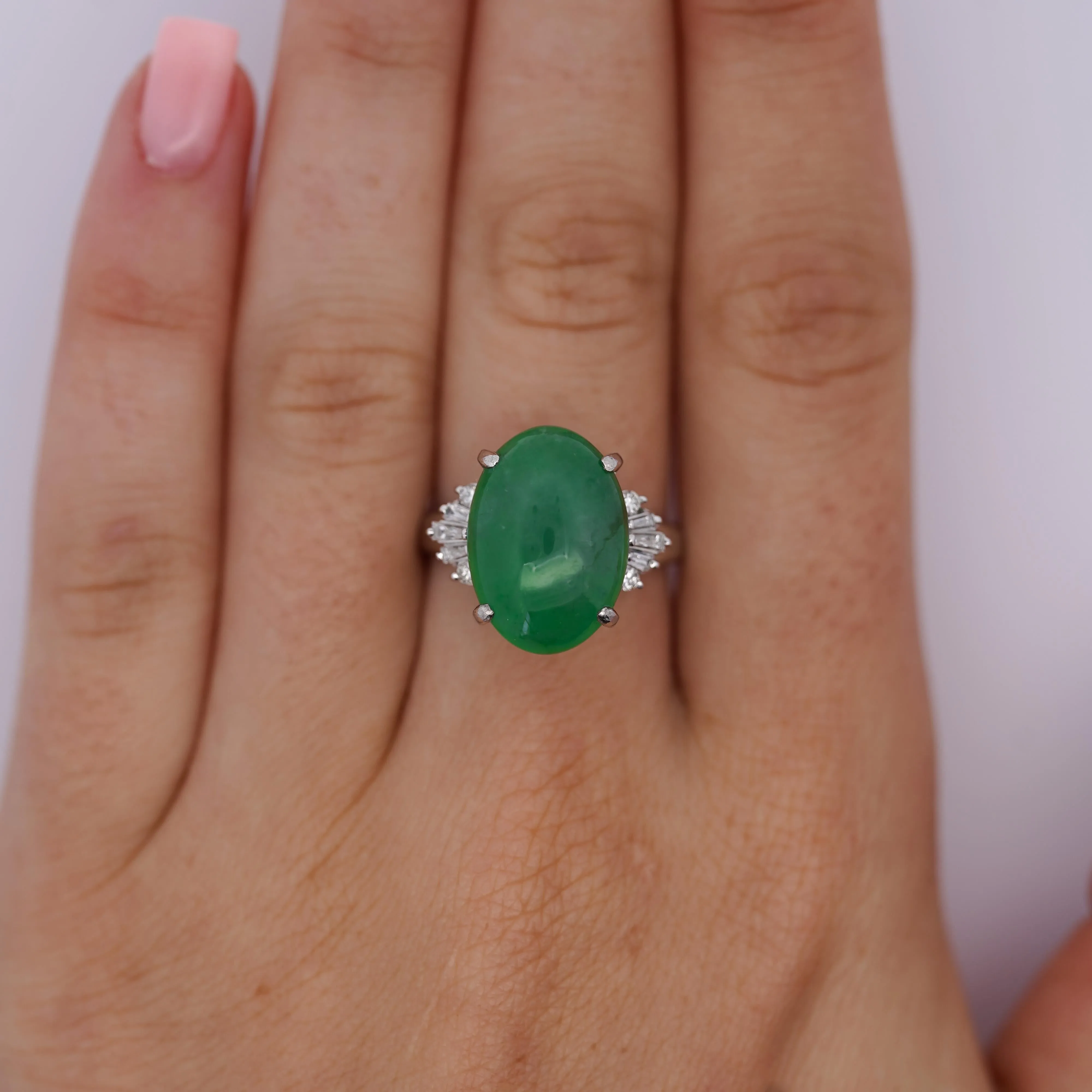 9 Carat Untreated Jadeite Jade Fei Cui and Diamond Platinum Ring HK Certified