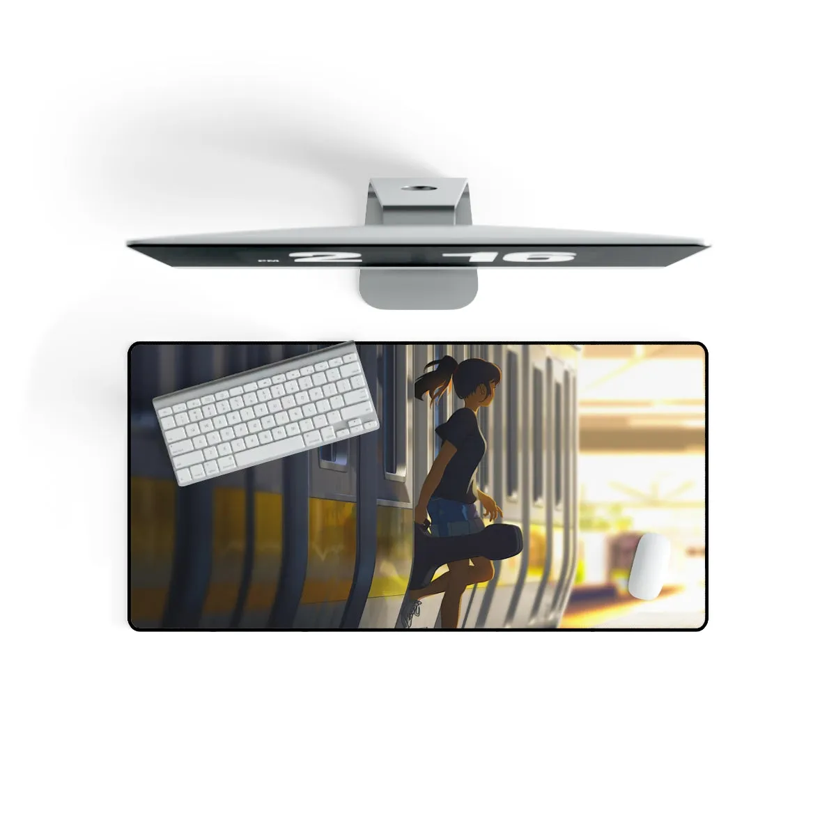 A Girl Exiting A Train With A Guitar Mouse Pad (Desk Mat)