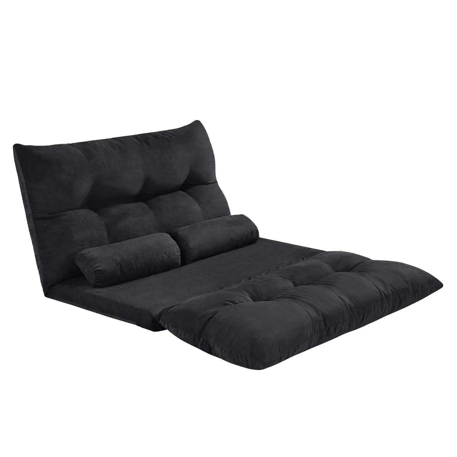 Adjustable Folding Futon Black Lazy Sofa for Video Gaming with Two Pillows