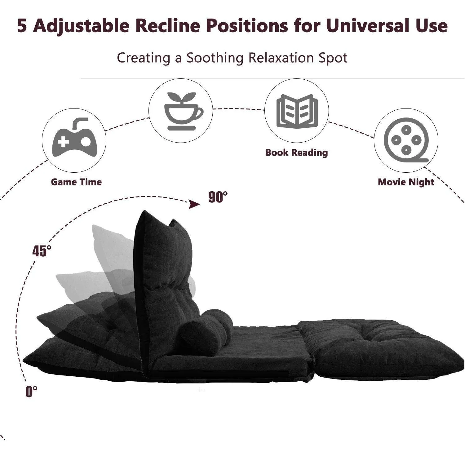 Adjustable Folding Futon Black Lazy Sofa for Video Gaming with Two Pillows