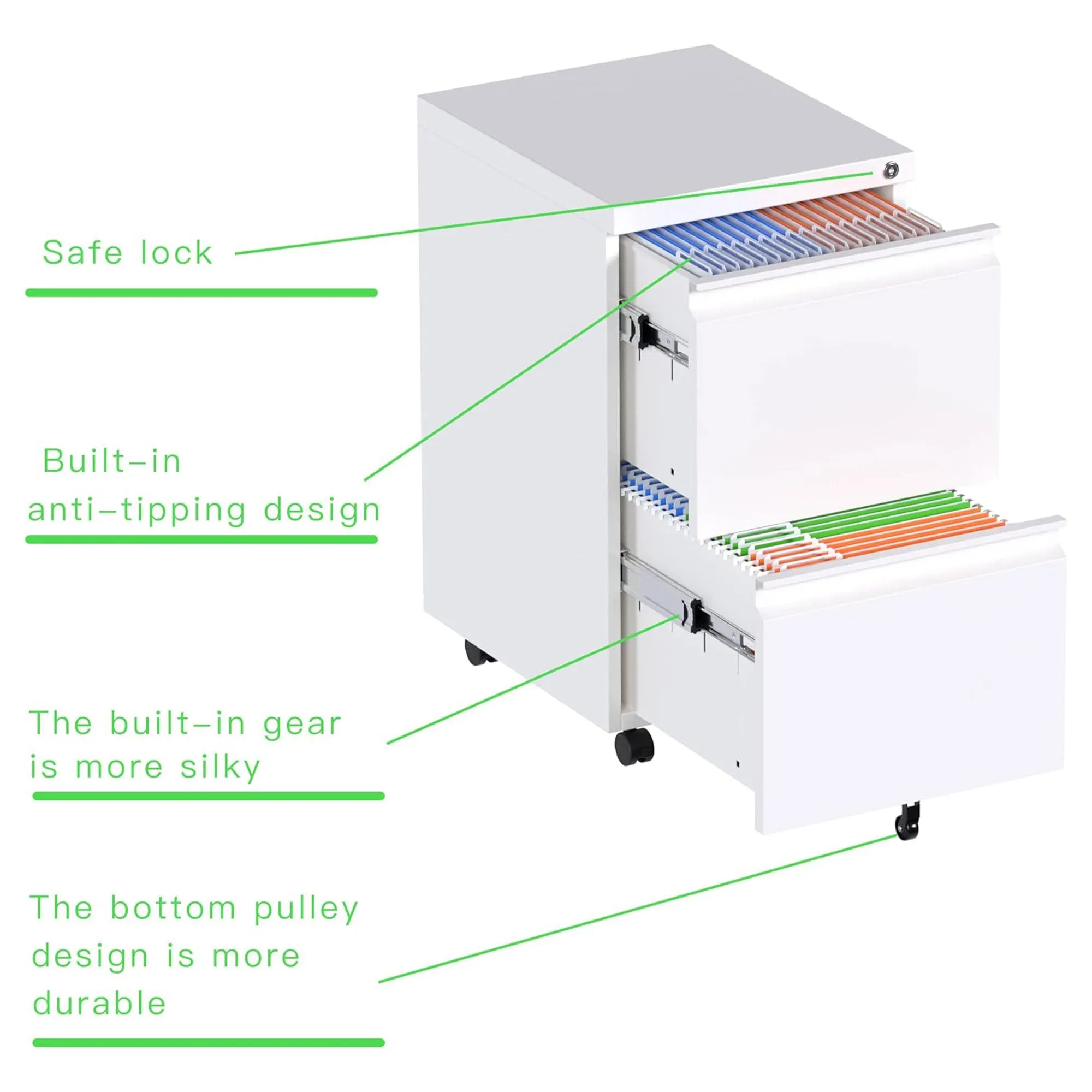 AOBABO 2 Drawer Mobile Metal Organizer Filing Cabinet, Fully Assembled, White