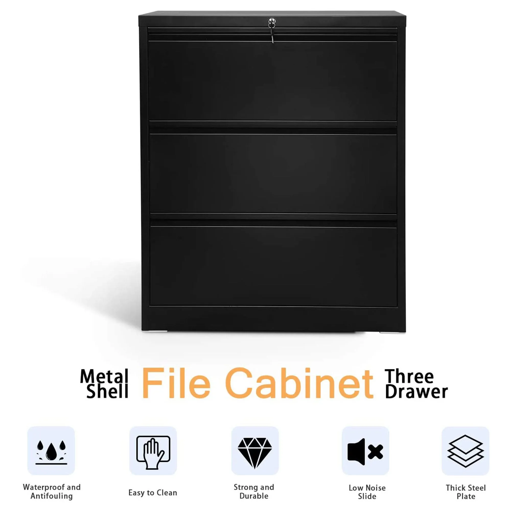 AOBABO 3 Drawer Lateral File Cabinet w/ Lock for Letter/Legal Size Paper, Black