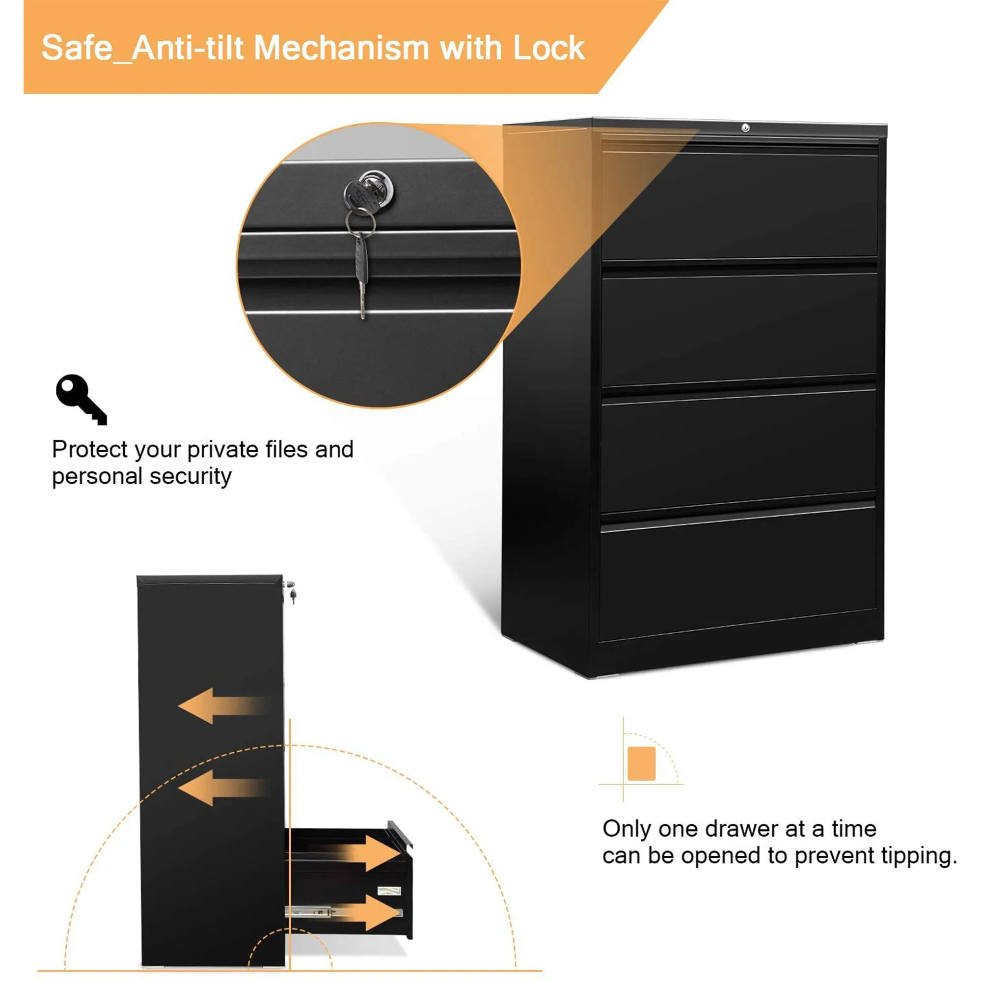 AOBABO 4 Drawer Lateral File Cabinet w/ Lock for Letter/Legal Size Paper, Black