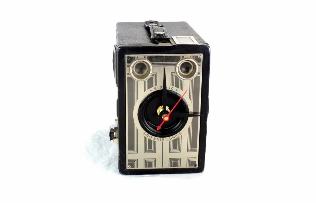 Art Deco Vintage Brownie Junior Six-16 Camera Clock, upcycled, reuse, analog time, desk clock, office, fire mantel, antique tabletop clock