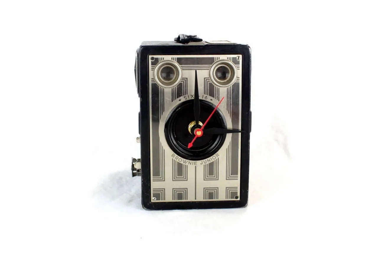 Art Deco Vintage Brownie Junior Six-16 Camera Clock, upcycled, reuse, analog time, desk clock, office, fire mantel, antique tabletop clock