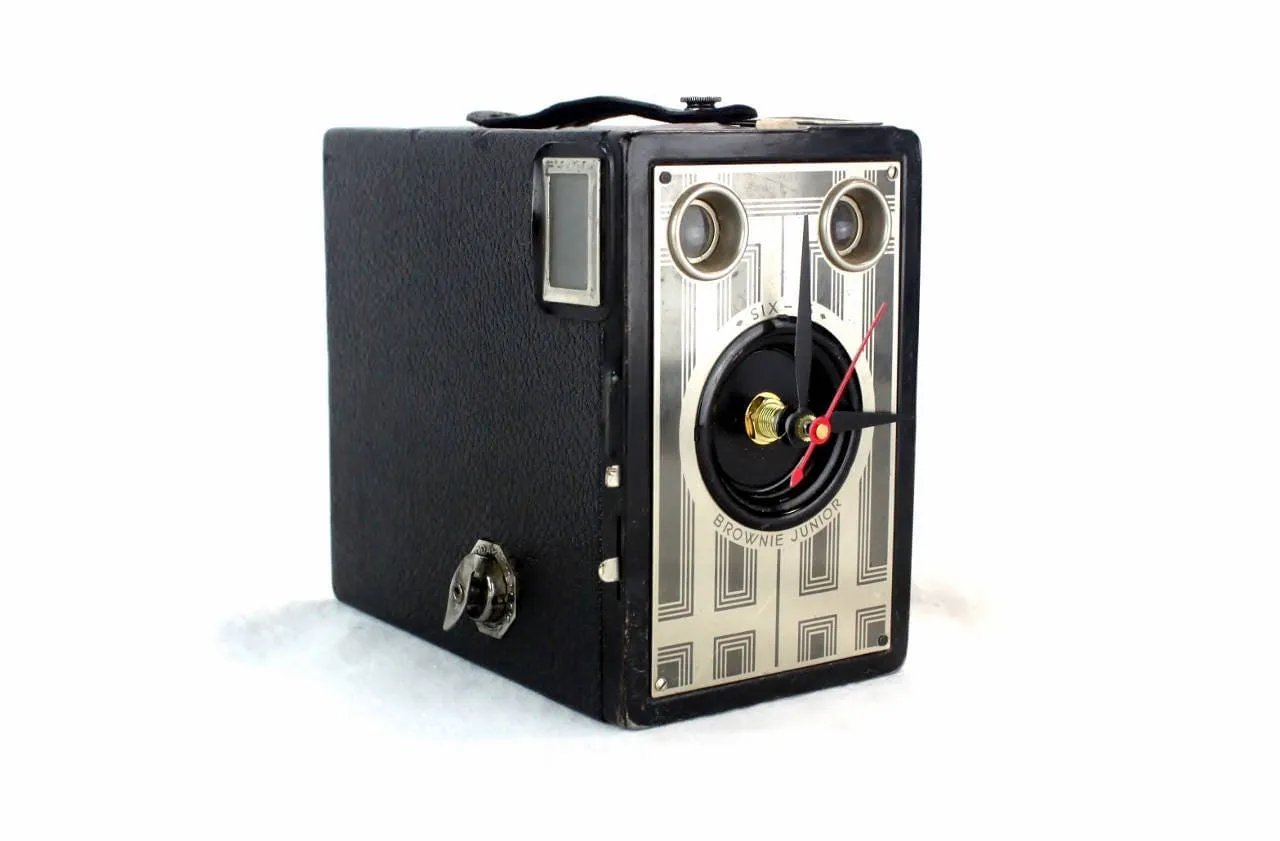 Art Deco Vintage Brownie Junior Six-16 Camera Clock, upcycled, reuse, analog time, desk clock, office, fire mantel, antique tabletop clock