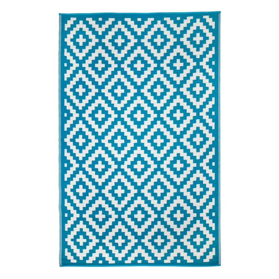 Aztec Teal and White Outdoor Rug