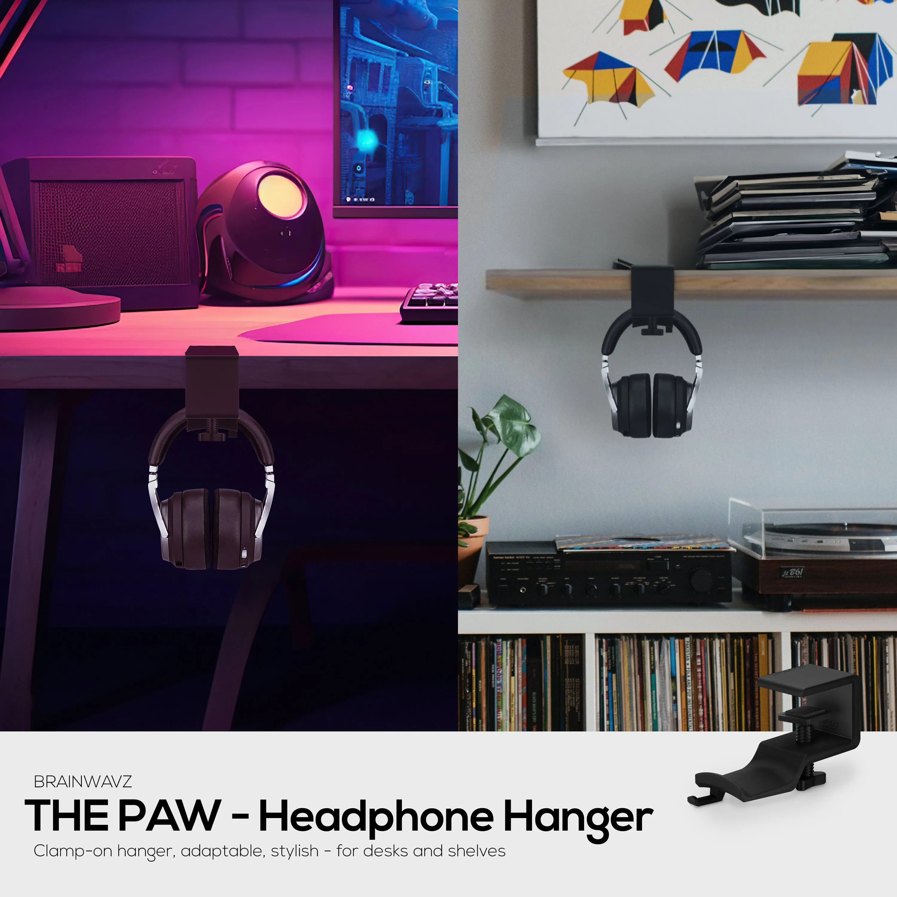 Brainwavz Paw - Under Desk Headphone Hanger Stand, Screw In Place, Easy To Install with Adjustable Mounting Clamp, Suitable for All Headsets