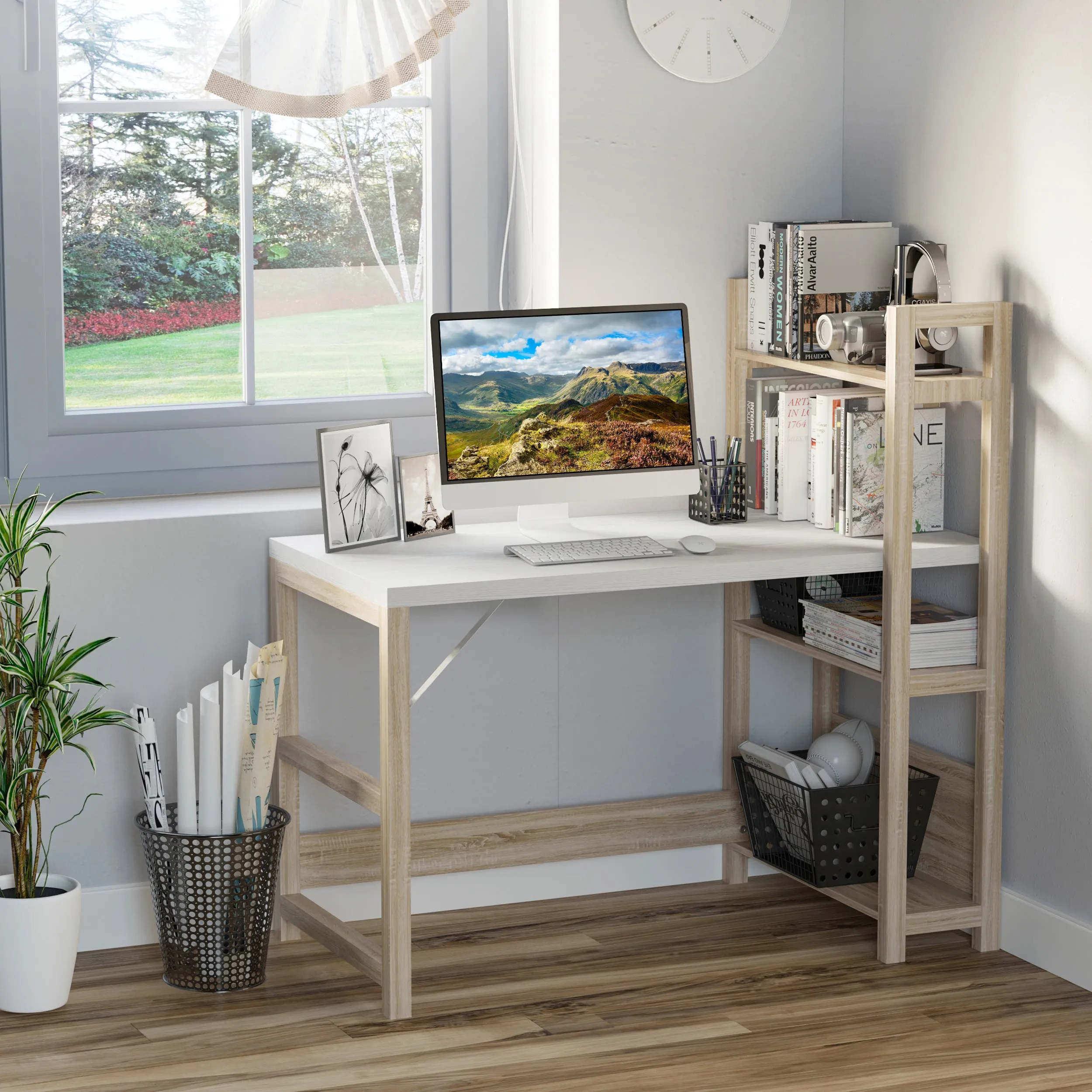 Computer Desk with shelves Office Desk Workstation Writing Desk Computer PC Laptop Table Workstation, White Wood Grain