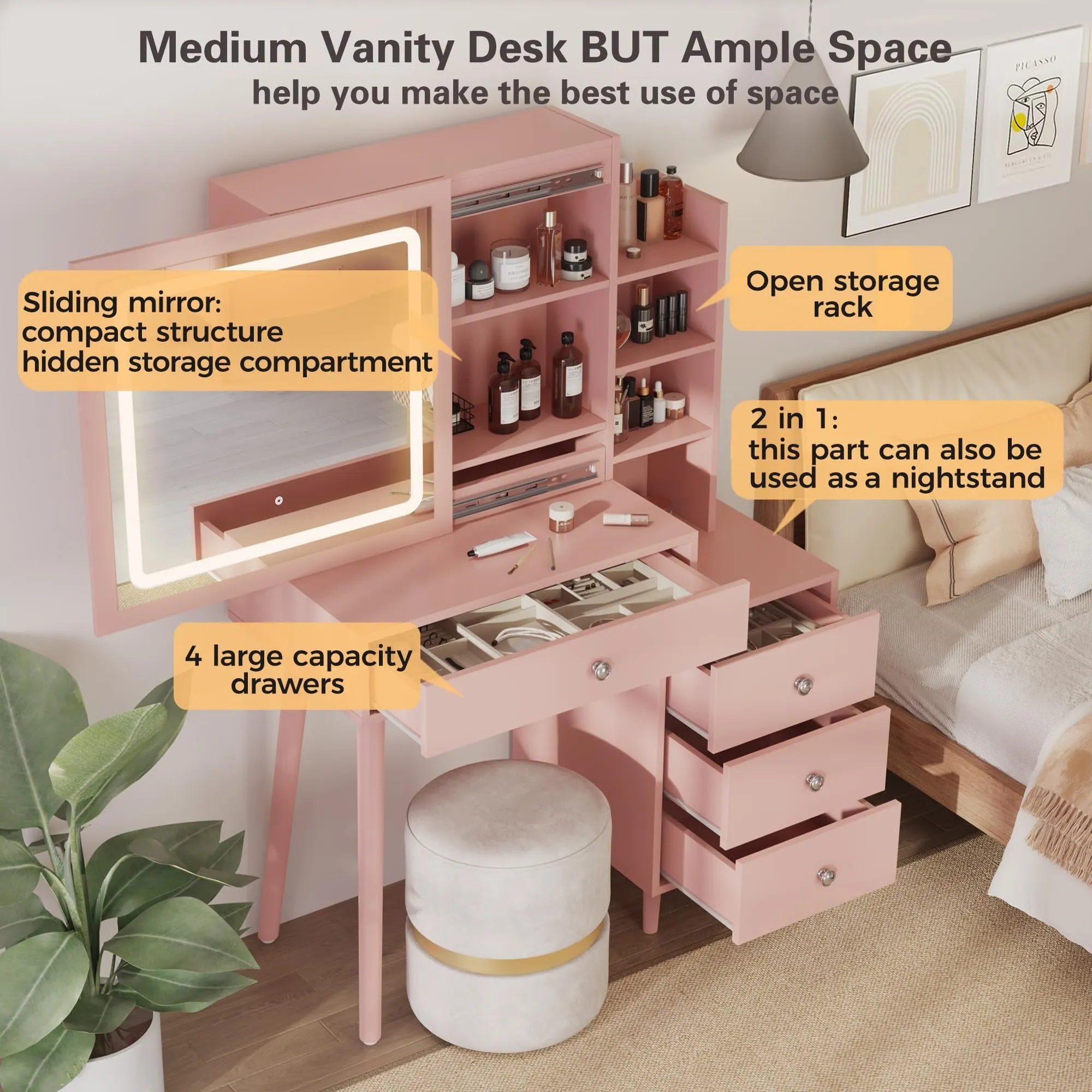 CozyHome Vanity Desk with Sliding Mirror and LED Lights, 2 in 1 Wooden Makeup Vanity Desk for Nightstand and Dressing Table, Compact Medium Makeup Table with Sliding Mirror for More Storage Space