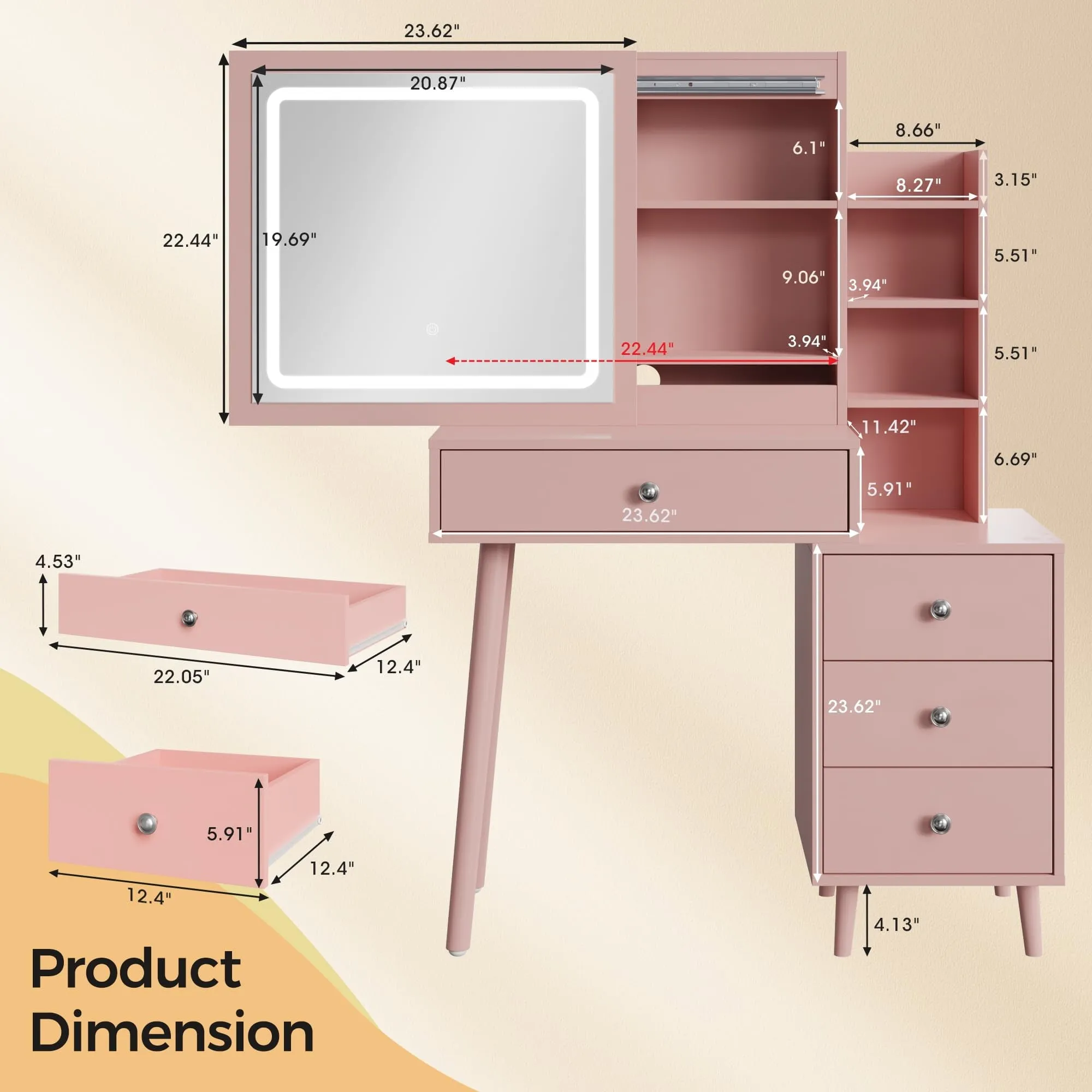 CozyHome Vanity Desk with Sliding Mirror and LED Lights, 2 in 1 Wooden Makeup Vanity Desk for Nightstand and Dressing Table, Compact Medium Makeup Table with Sliding Mirror for More Storage Space