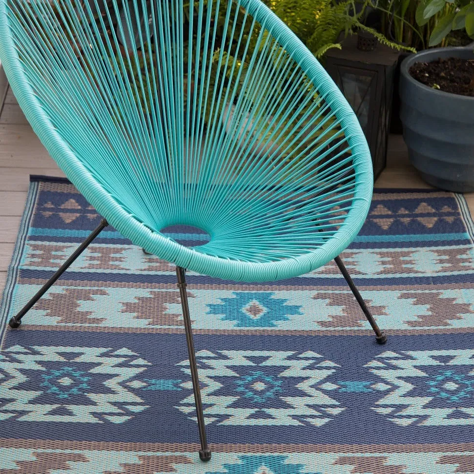 Cusco Tribal Blue Toned Recycled Plastic Reversible Outdoor Rug