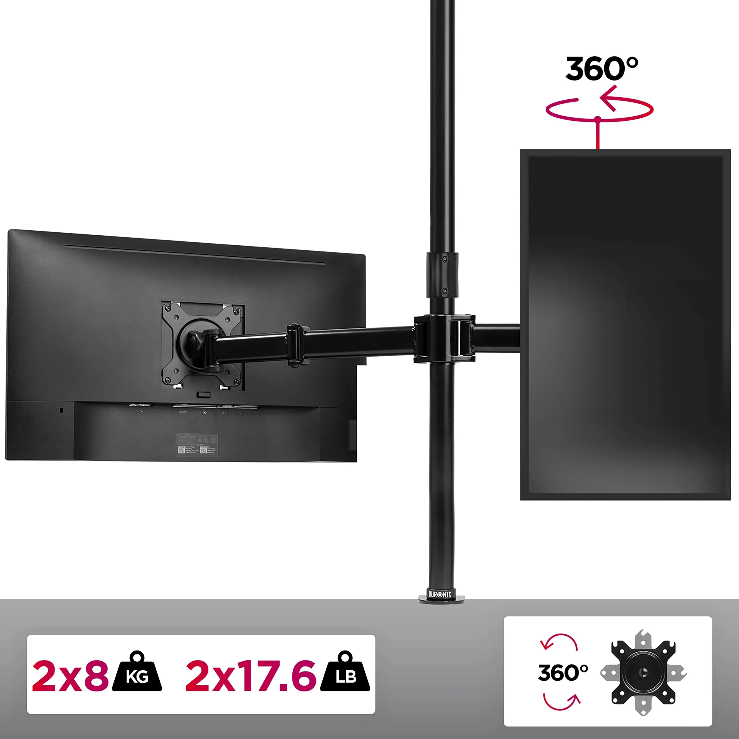 Duronic Dual Monitor Stand DMT252 Height Adjustable PC Monitor Arms with 100cm Pole C Clamp Monitor Risers for 13-27” Screens Desk Mounts with 8kg Capacity and VESA 75/100 for Home Office Work