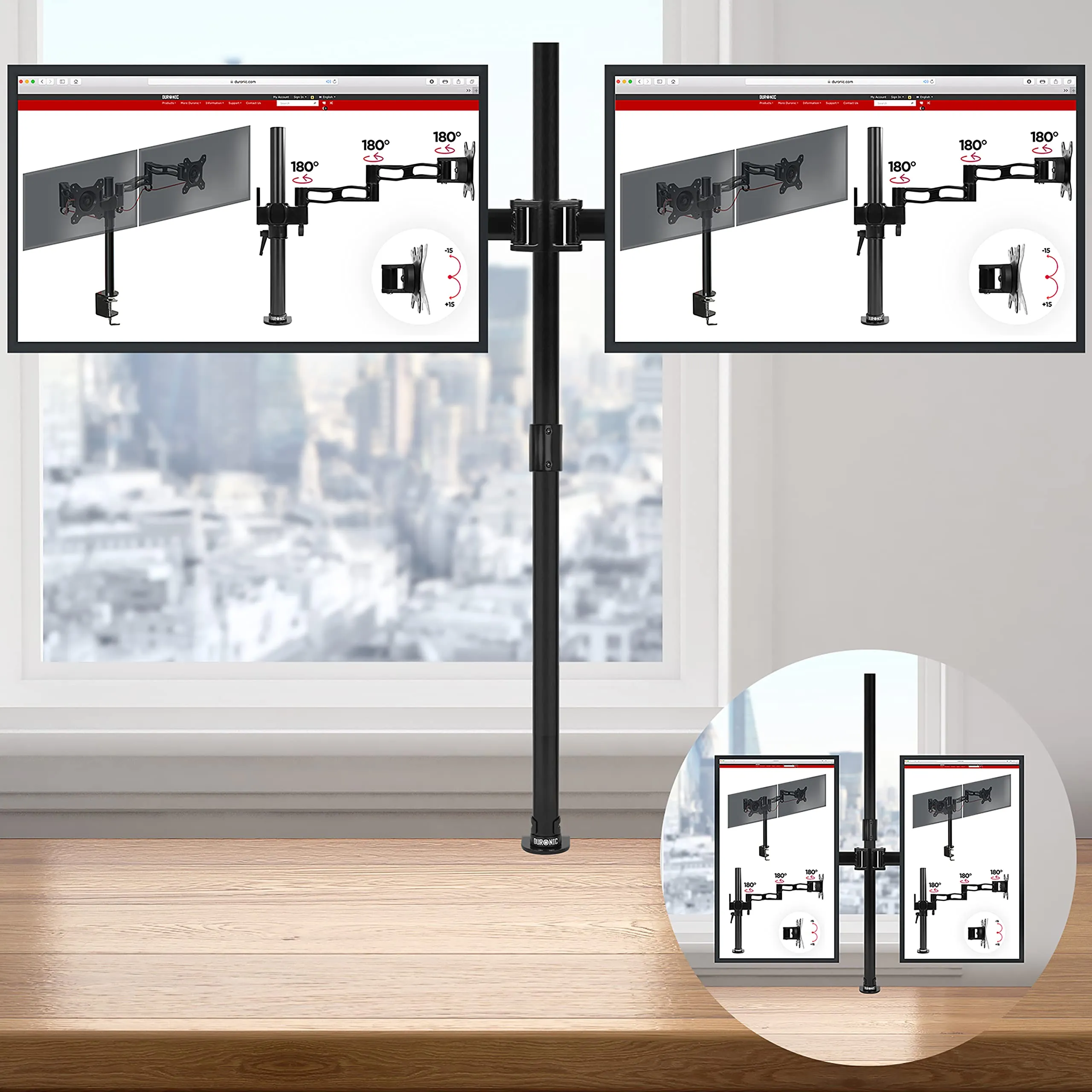 Duronic Dual Monitor Stand DMT252 Height Adjustable PC Monitor Arms with 100cm Pole C Clamp Monitor Risers for 13-27” Screens Desk Mounts with 8kg Capacity and VESA 75/100 for Home Office Work