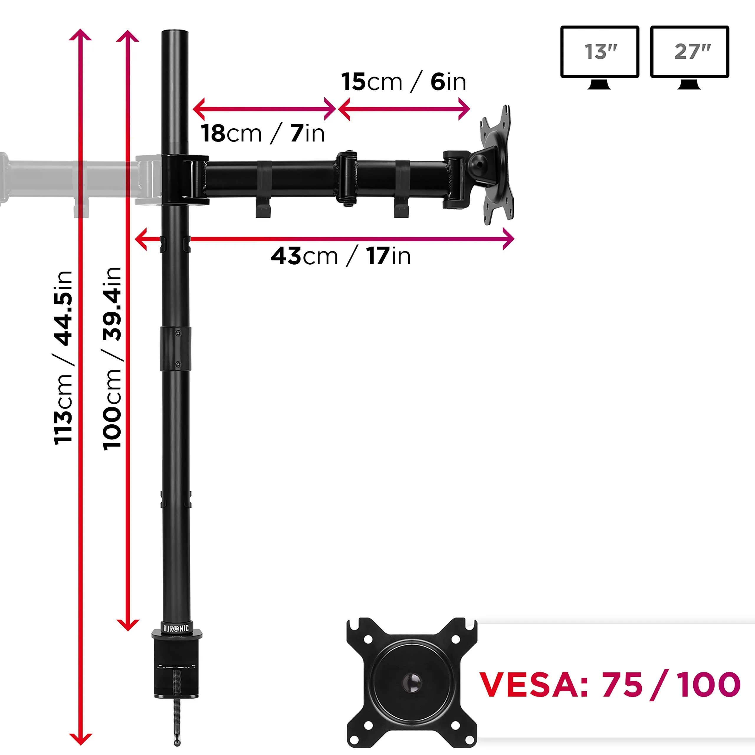 Duronic Dual Monitor Stand DMT252 Height Adjustable PC Monitor Arms with 100cm Pole C Clamp Monitor Risers for 13-27” Screens Desk Mounts with 8kg Capacity and VESA 75/100 for Home Office Work