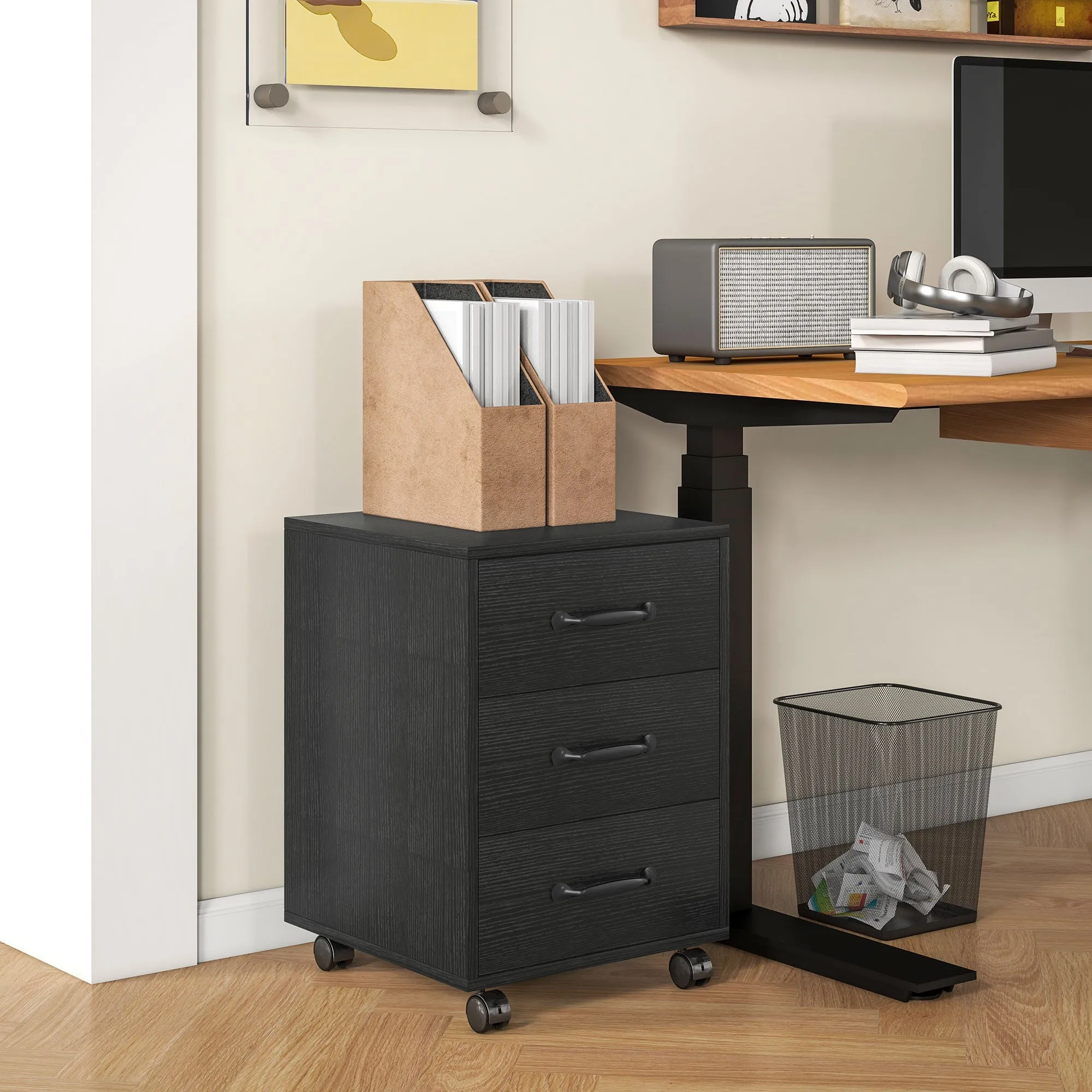 File Cabinet with 3 Drawers, Under Desk Mobile Filing Cabinet Black