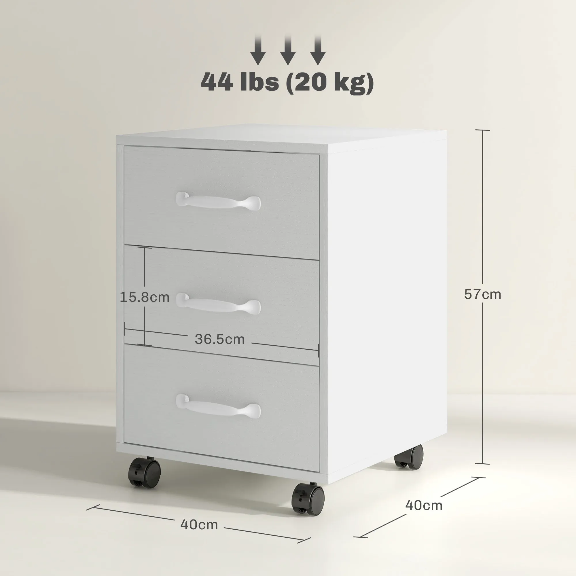 File Cabinet with 3 Drawers, Under Desk Mobile Filing Cabinet White