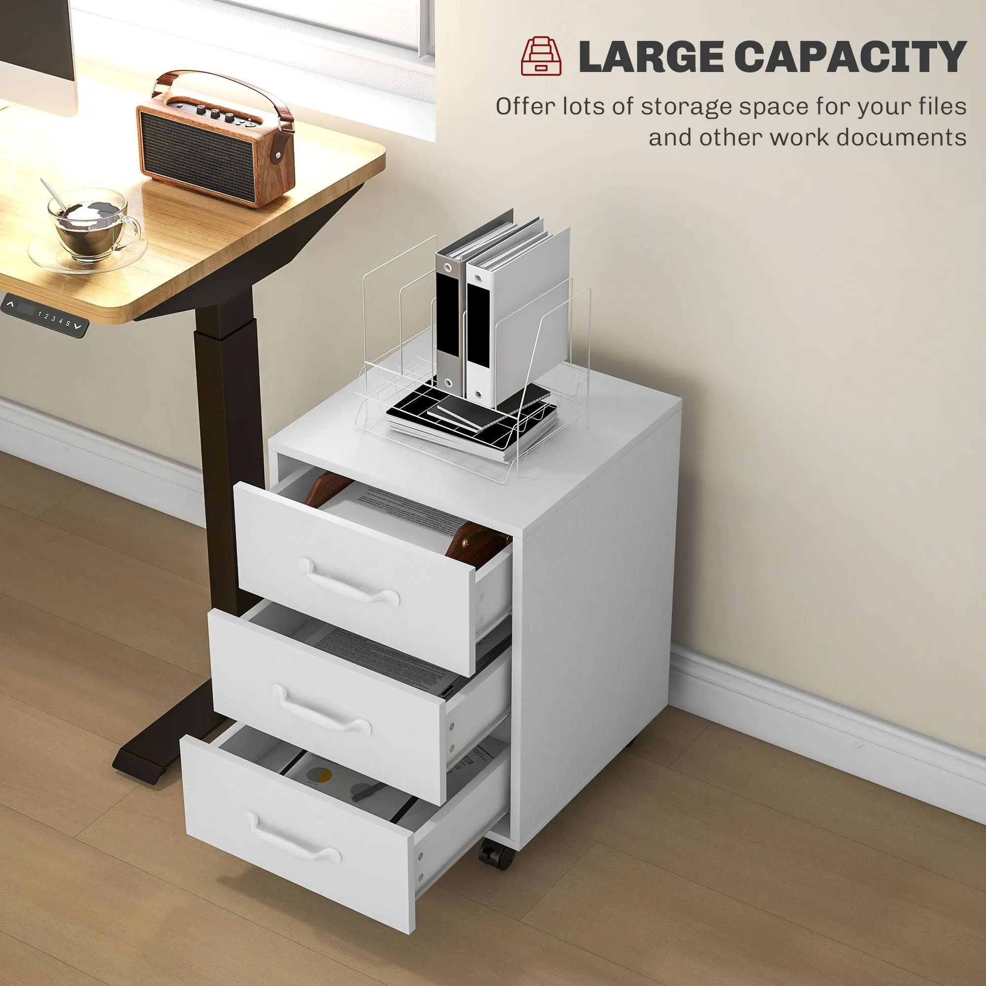 File Cabinet with 3 Drawers, Under Desk Mobile Filing Cabinet White