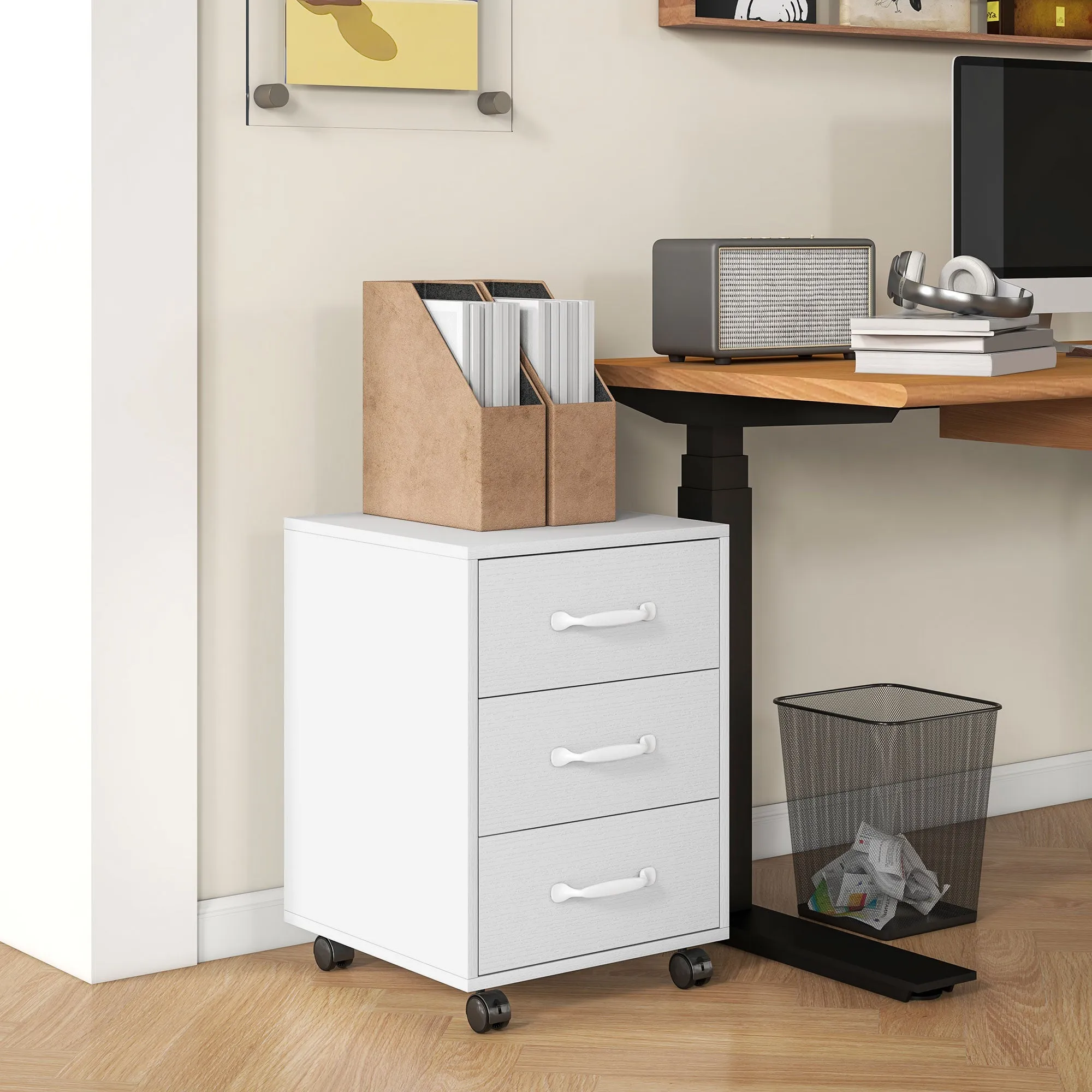 File Cabinet with 3 Drawers, Under Desk Mobile Filing Cabinet White