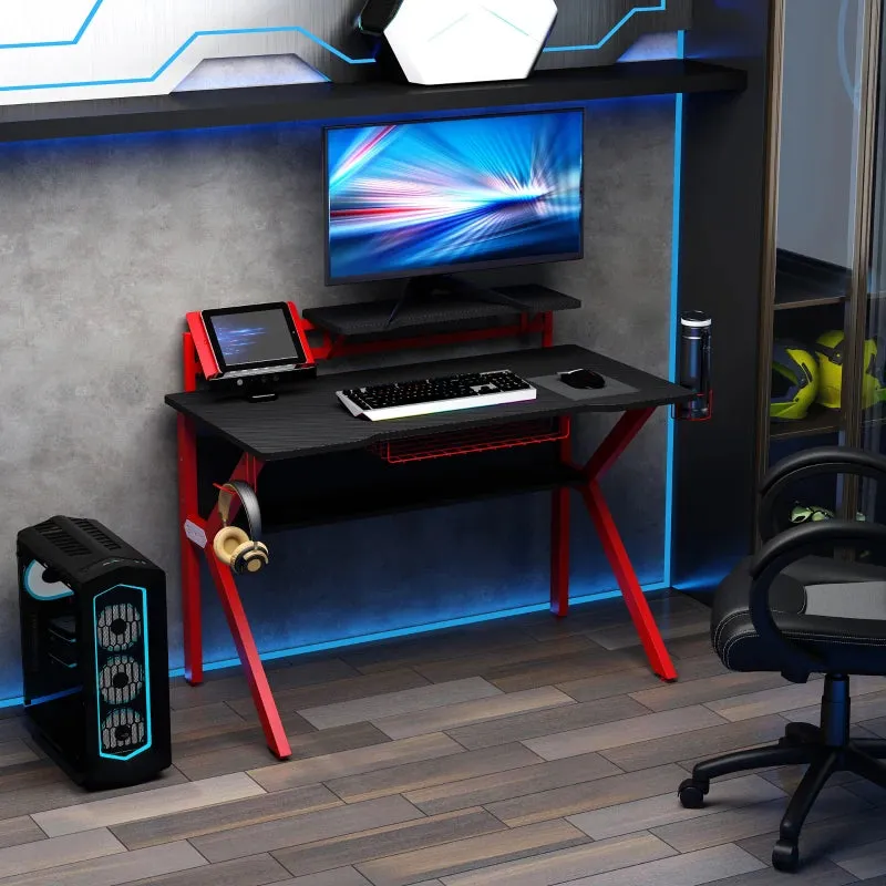 Gaming Desk Computer Table with Monitor Stand, Cup Holder, Headphone Hook, Wire Basket and Metal Frame