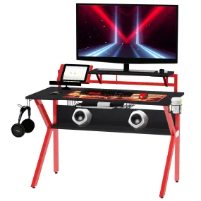 Gaming Desk Computer Table with Monitor Stand, Cup Holder, Headphone Hook, Wire Basket and Metal Frame