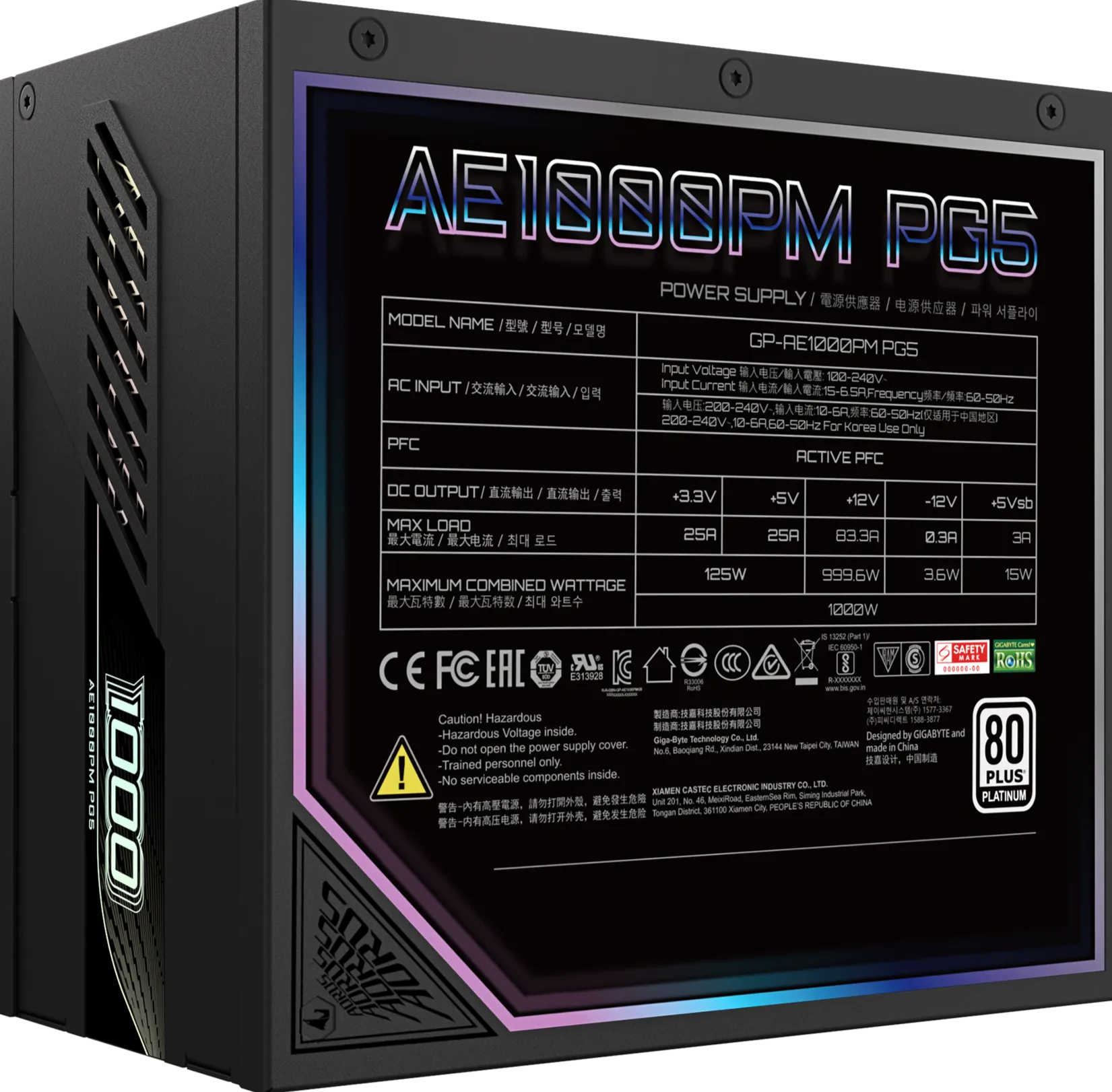 GIGABYTE 1000W AORUS ELITE P1000W 80  Platinum Modular PCIe 5.0 Power Supply GP-AE1000PM PG5