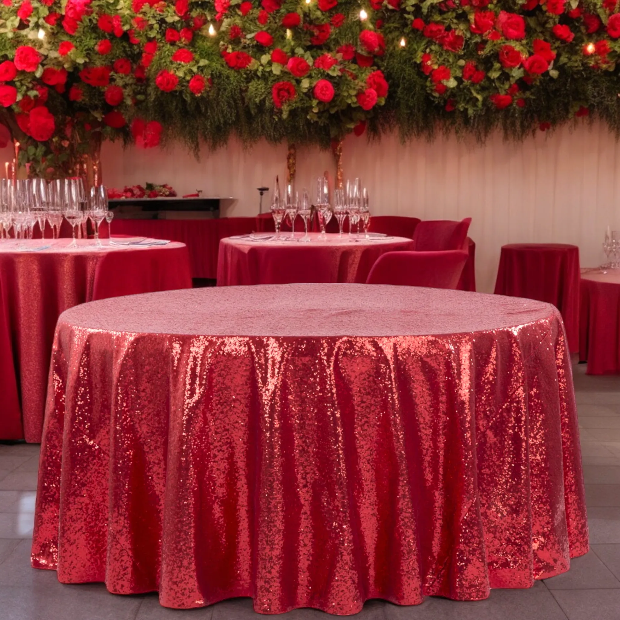 Glitz Sequins 132" Round Tablecloth - Red