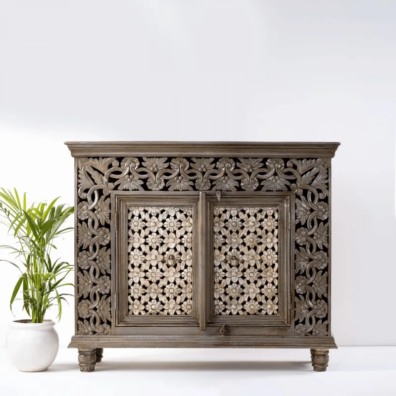 Hand Carved Floral Carved Two Door Cabinet | Best Indian Furniture