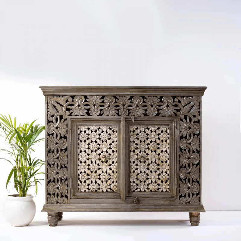 Hand Carved Floral Carved Two Door Cabinet | Best Indian Furniture