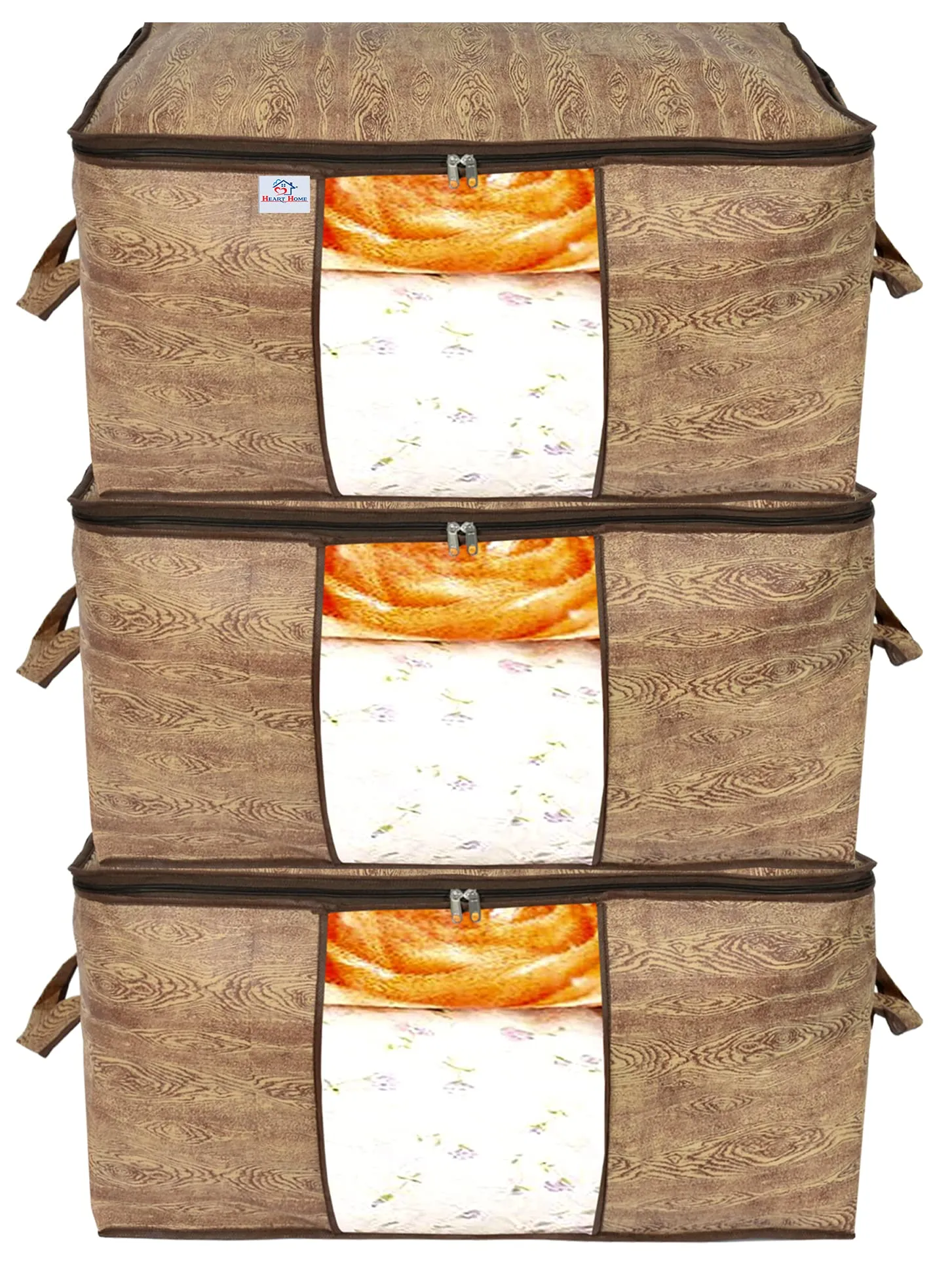 Heart Home Wooden Print Foldable Clothes Storage Bag Wardrobe Organizer Non Woven Fabric for Comforters,Blankets,Bedding with Sturdy Zipper,Clear Window (Set of 3,Brown)