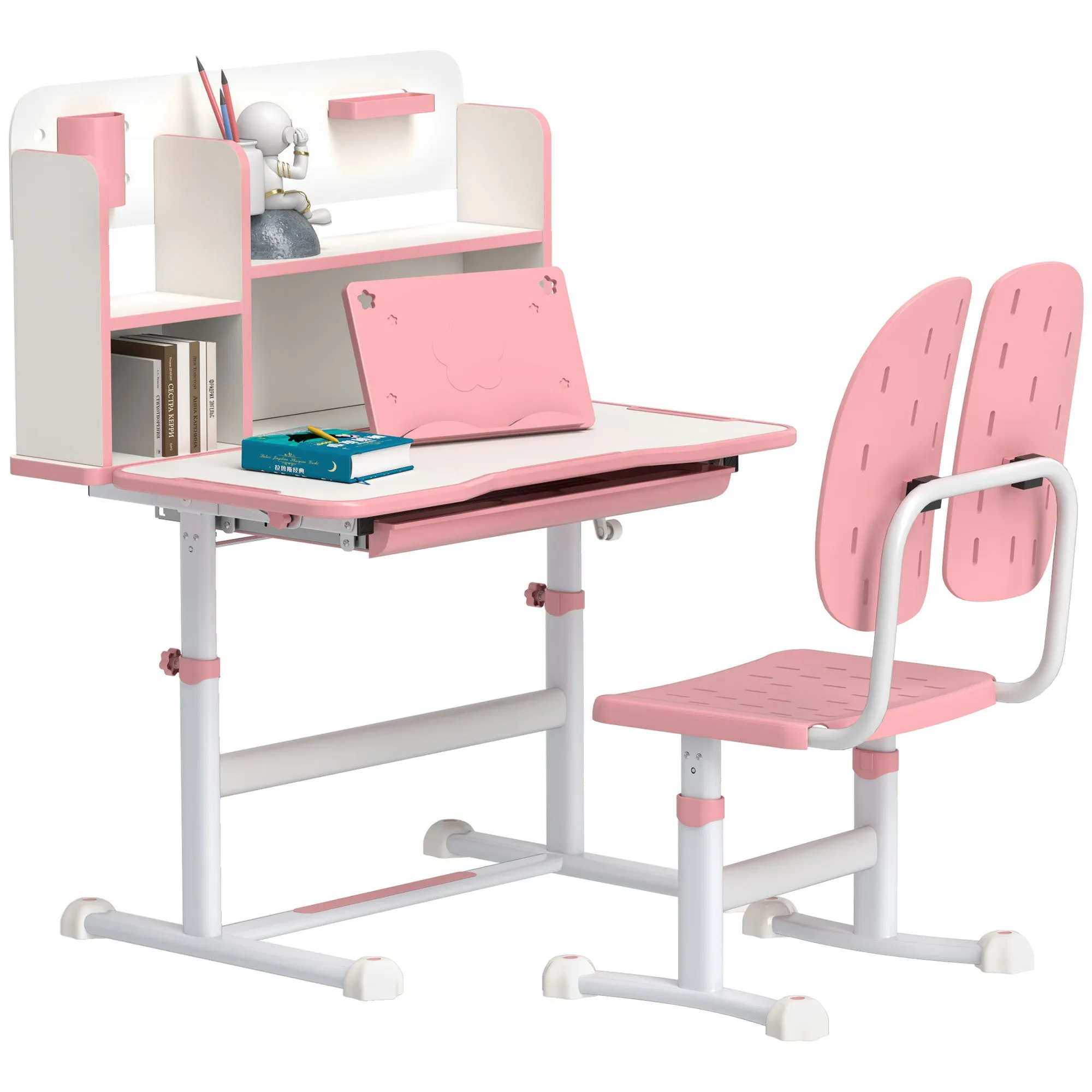 Kids Desk and Chair Set w/ Tiltable Desktop Reading Rack - Pink