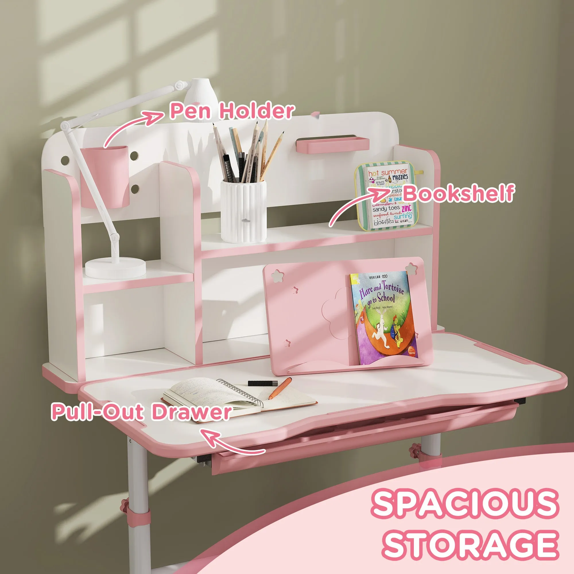 Kids Desk and Chair Set w/ Tiltable Desktop Reading Rack - Pink