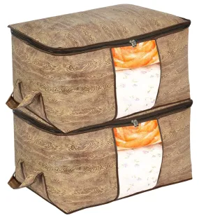 Kuber Industries Wooden Print Non Woven 2 Pieces Underbed Storage Bag,Cloth Organiser,Blanket Cover with Transparent Window (Brown)