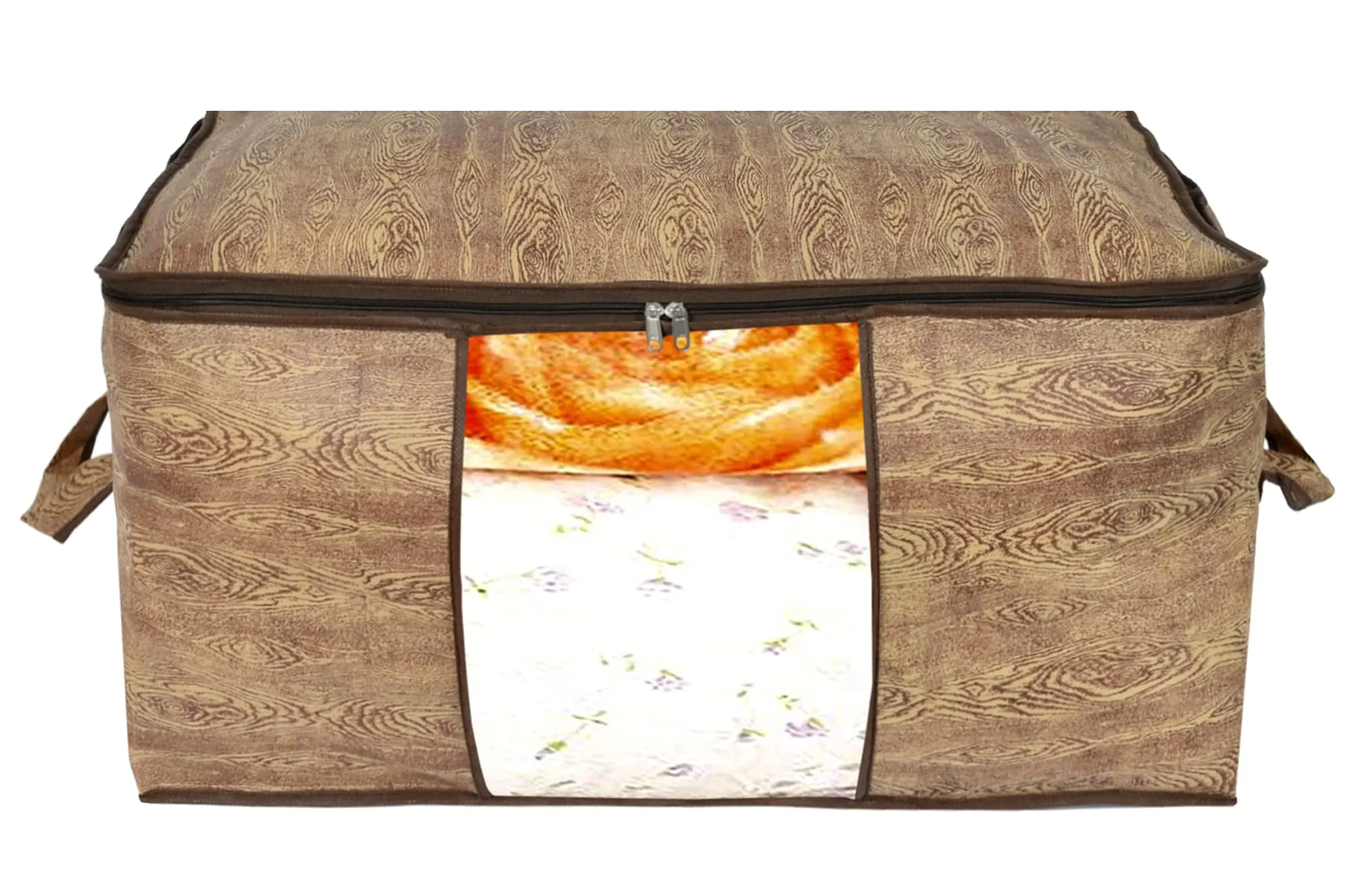 Kuber Industries Wooden Print Non Woven 2 Pieces Underbed Storage Bag,Cloth Organiser,Blanket Cover with Transparent Window (Brown)