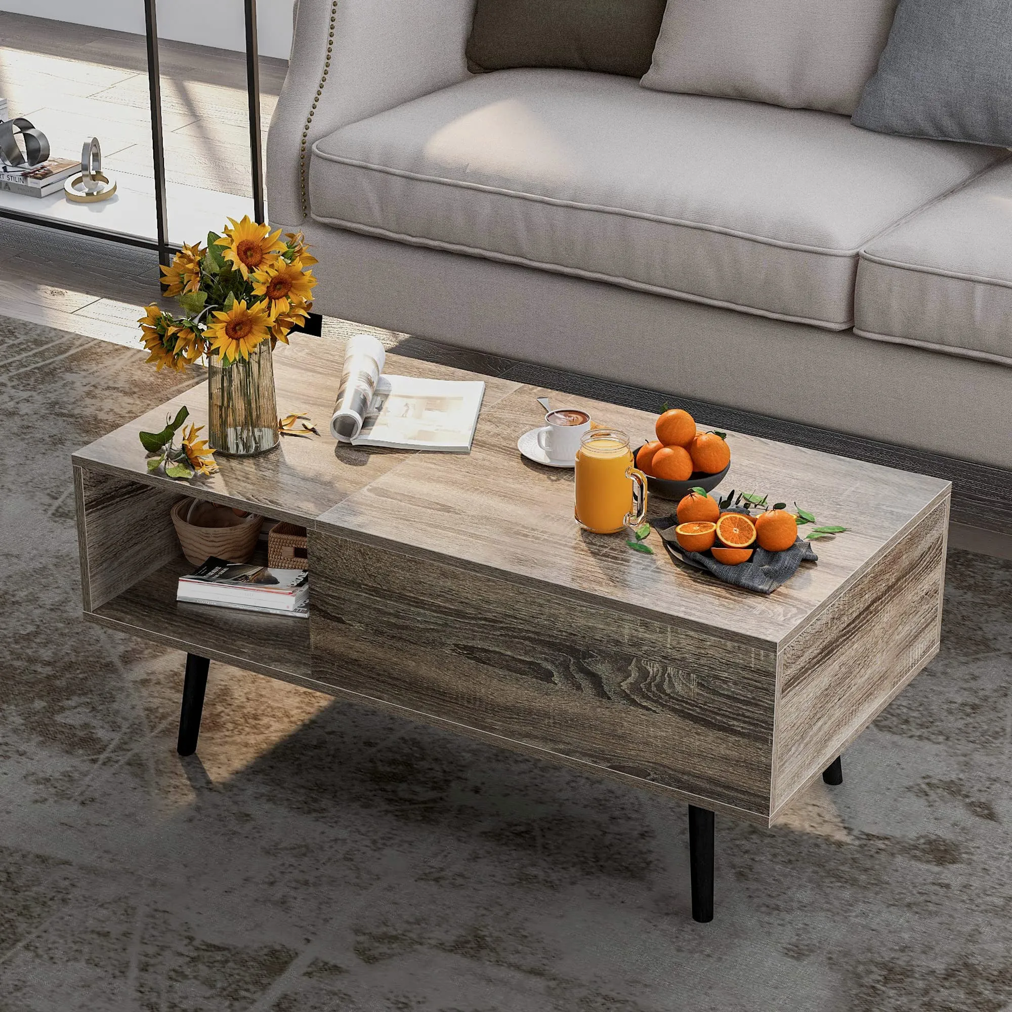 Lift Top Coffee Table 39.4" X 19.7" with Hidden Storage for Living Room (Dark Grey)