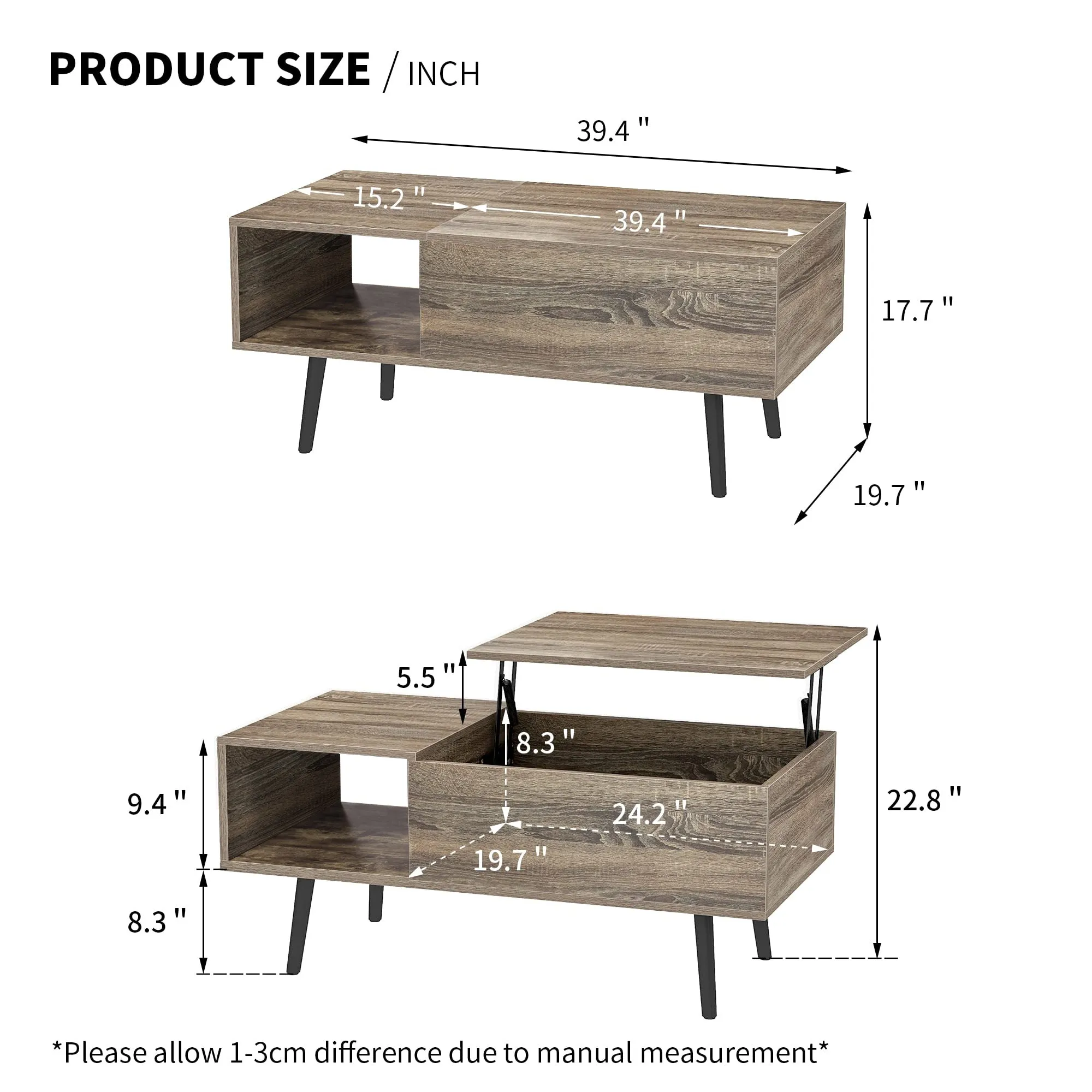 Lift Top Coffee Table 39.4" X 19.7" with Hidden Storage for Living Room (Dark Grey)