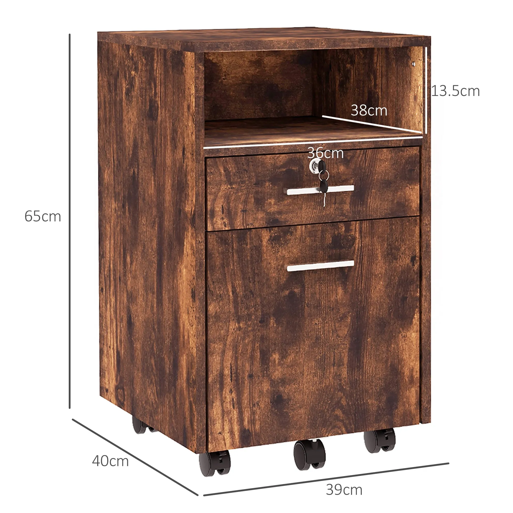 Lockable Filing Cabinet for Home Office, Mobile File Cabinet with Wheels Hanging Bar for A4, Letter Size, Rustic Brown