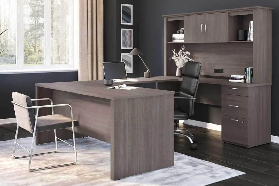 Logan U-Shaped Desk with Pedestal and Hutch - Bark Grey