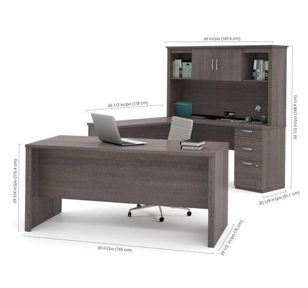 Logan U-Shaped Desk with Pedestal and Hutch - Bark Grey